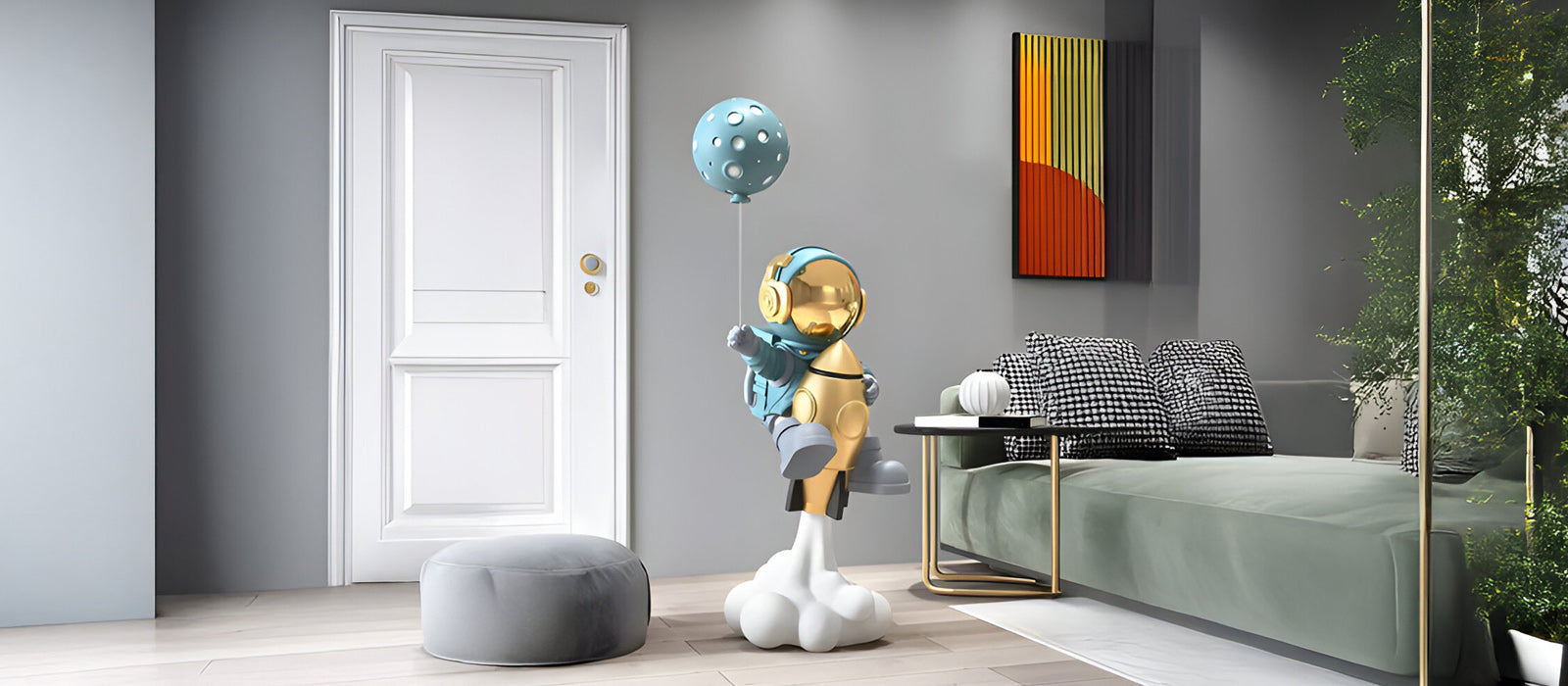 A modern room features a metallic astronaut sculpture with a balloon, standing on a cloud base. The space includes a sofa, geometric art on the wall, and a pouf on a wooden floor.