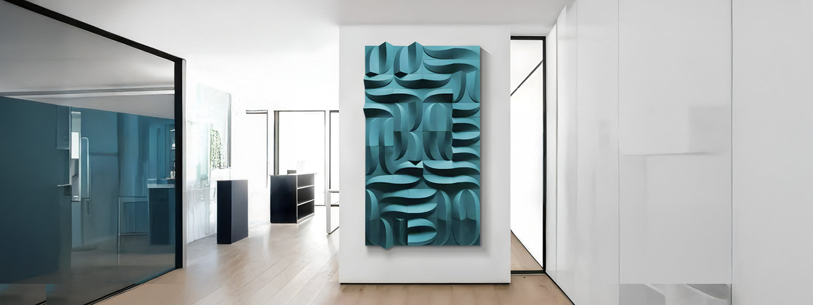 A modern hallway with wooden floors and minimalistic decor features a large, abstract teal artwork with curving shapes on a white wall. Glass and white walls surround the hallway, providing an open and airy feel.