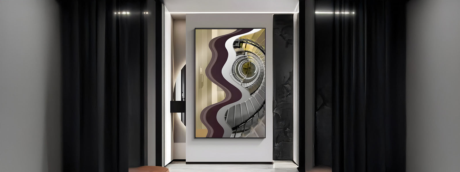 A modern interior hallway features a large, abstract painting on the wall. The artwork has wave-like patterns and circular elements. The space is minimalistic with sleek lines and dark curtains.