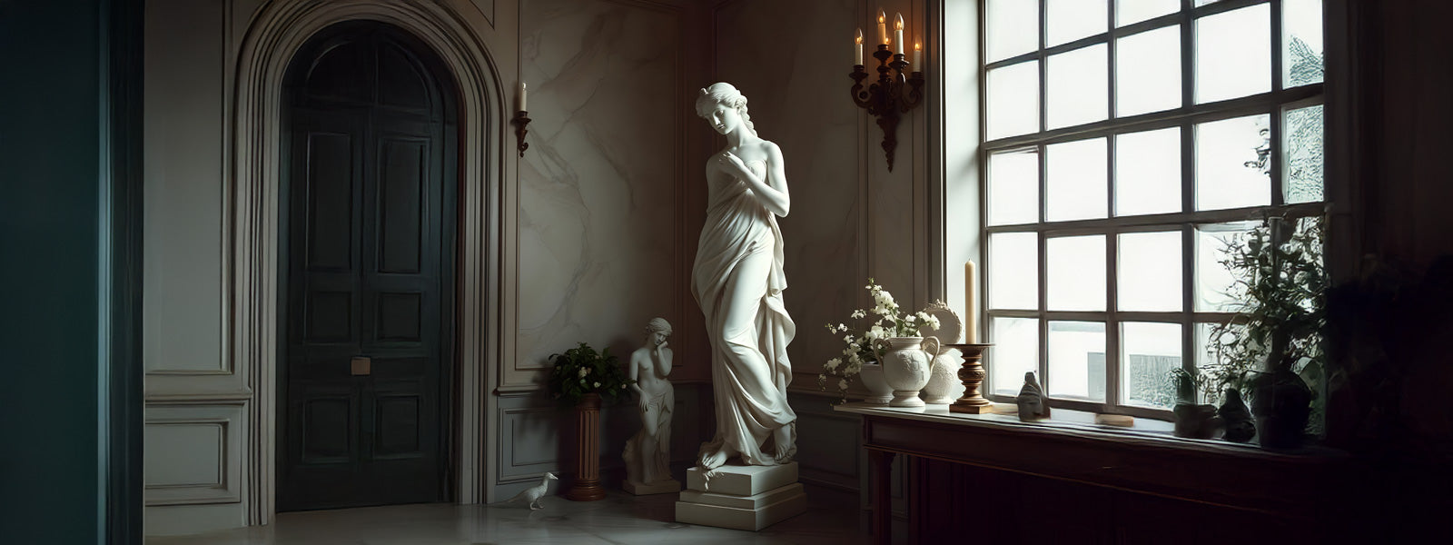 A serene room featuring a classical marble statue of a woman draped in cloth. The room has a large window, a potted plant, a decorative wall, and a tall green door on the left. Candle sconces add warm lighting.