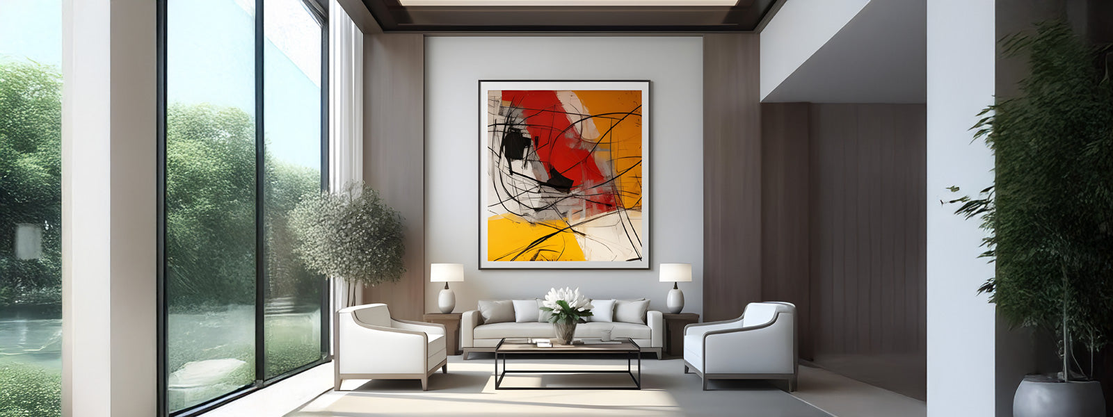 A modern living room with large windows, white armchairs, a sofa, and a coffee table. A colorful abstract painting hangs on the wall. Greenery is visible outside, adding to the serene atmosphere.