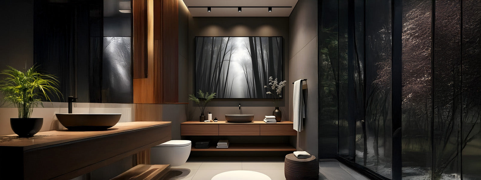 Modern bathroom with large window, dark walls, and wooden accents. A nature painting hangs above a wooden vanity with twin sinks. Soft lighting creates a serene atmosphere.