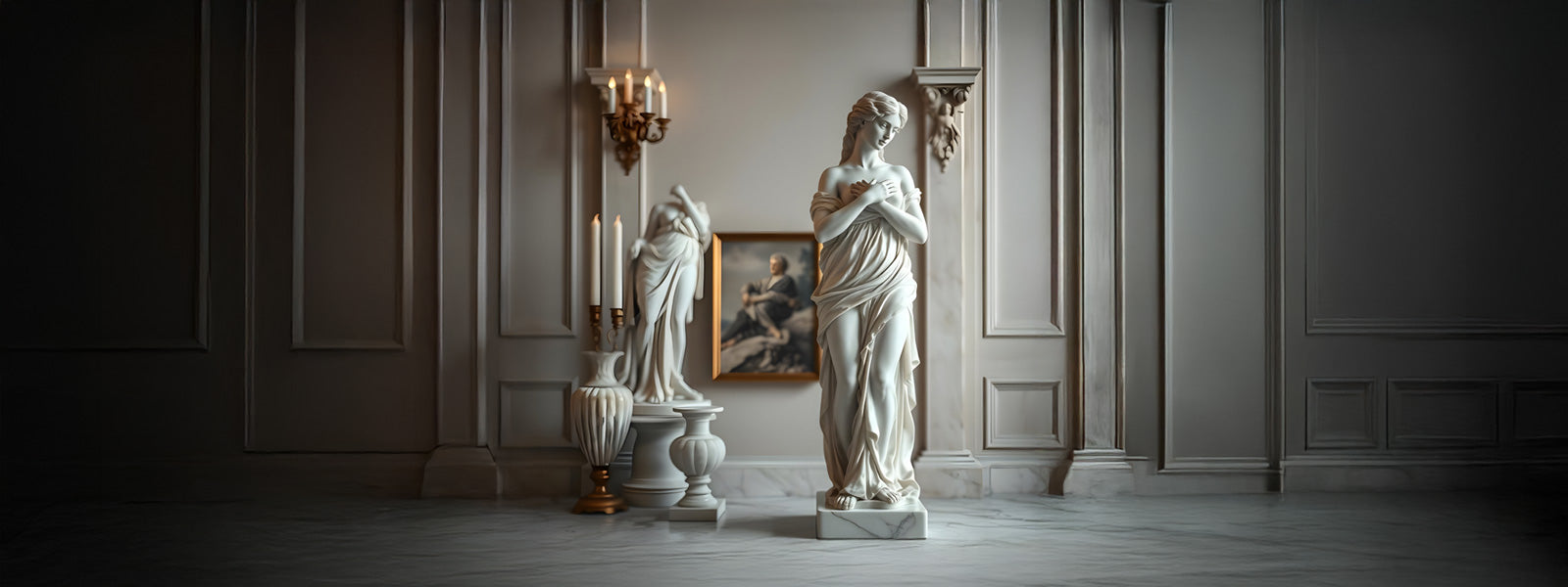 A bright room features a classical marble statue of a woman in a draped gown, surrounded by ornate furnishings, candles, and a framed painting. The decor is elegant and minimalist, with soft lighting.