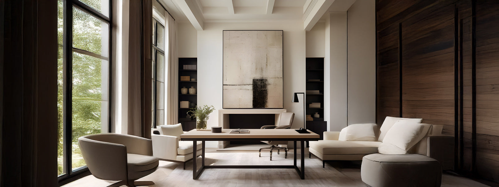 Minimalist office with large windows, modern white chairs, a wooden desk, and abstract art on the wall. A tall plant sits near the window, and the room is filled with natural light.