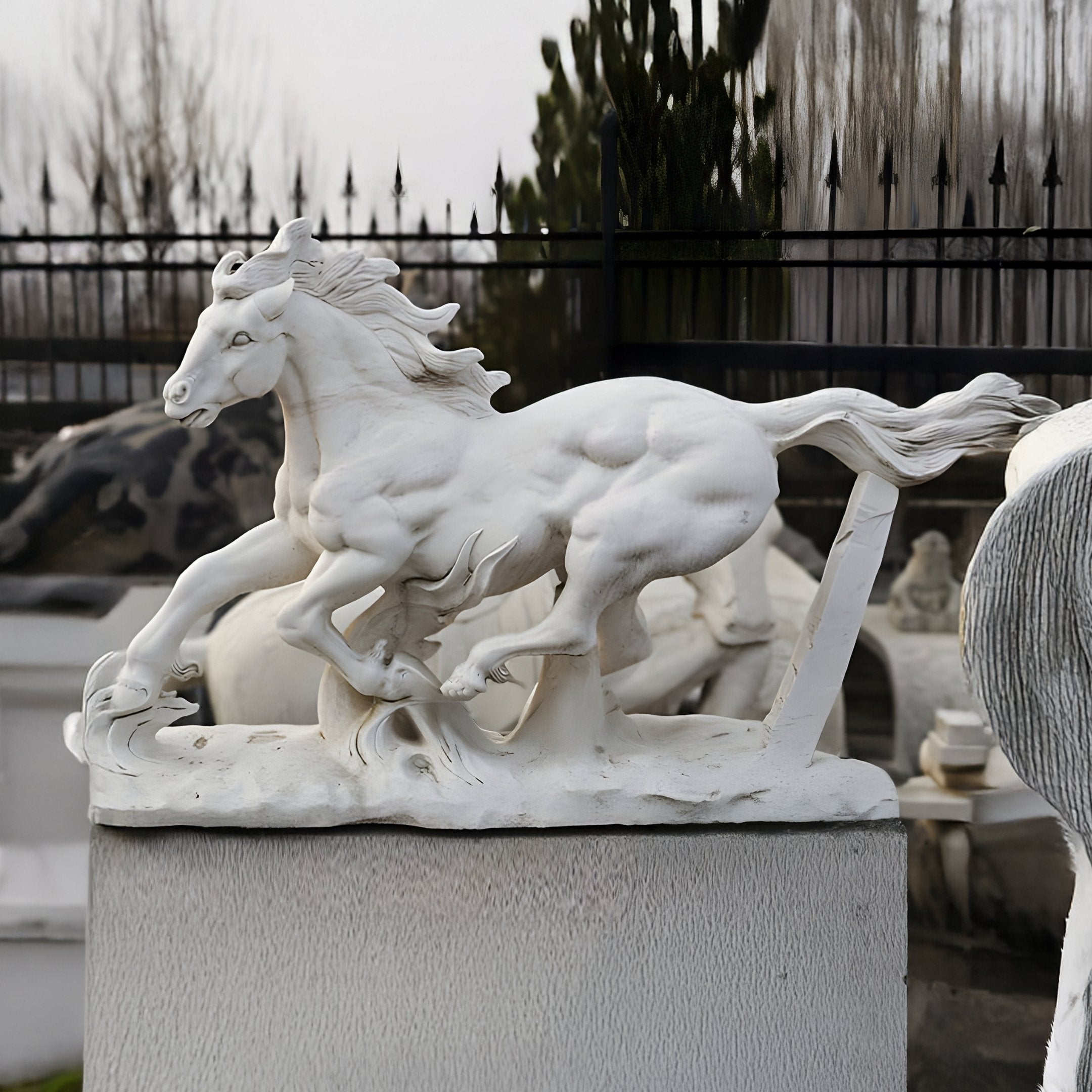 The Running Horse White Marble Outdoor Sculpture by Giant Sculptures, standing 120cm tall, captures a dynamic pose with its flowing mane and tail. In the backdrop, a wrought iron fence and blurred trees complete the scene.