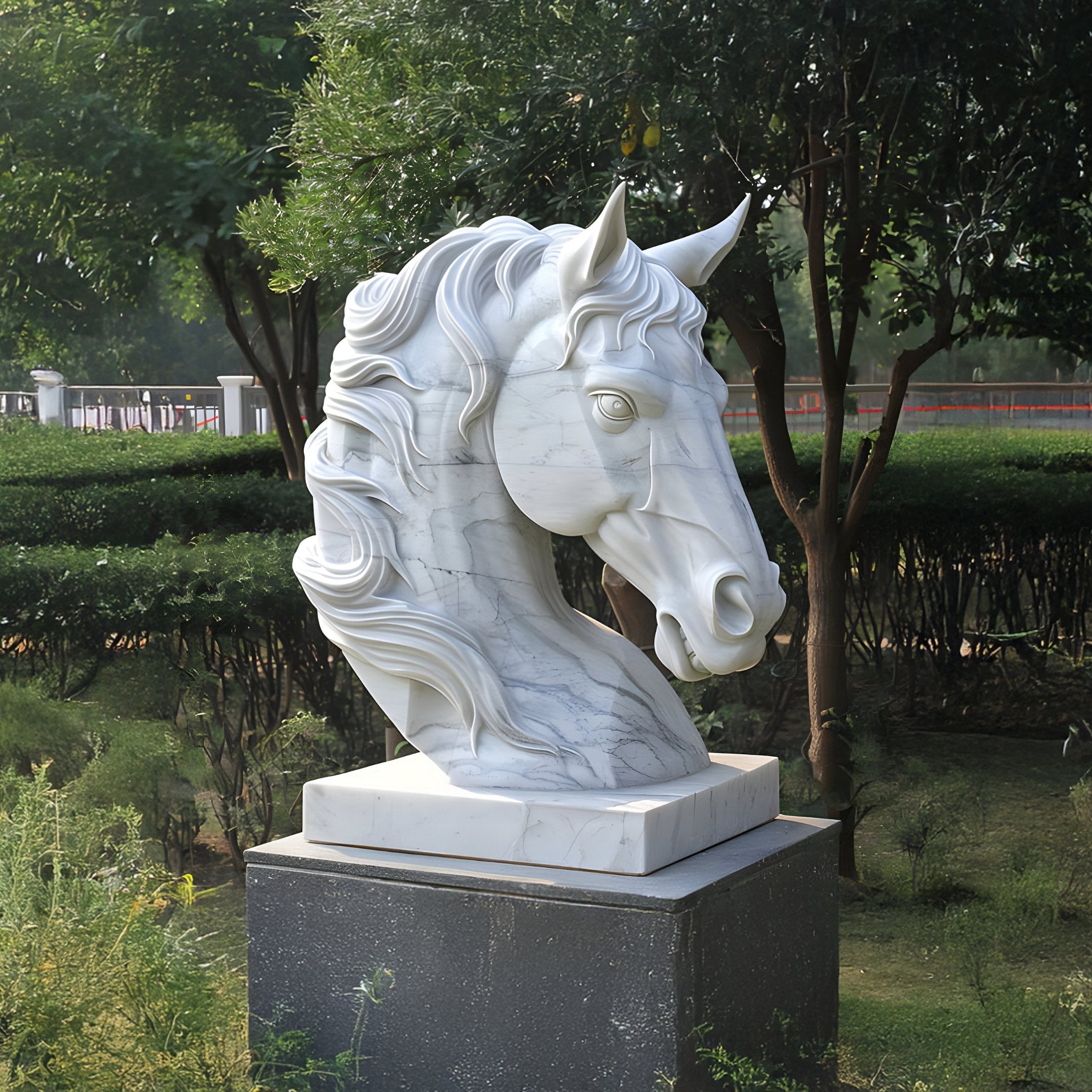 The captivating Regal Horse Head White Marble Outdoor Sculpture by Giant Sculptures, standing at 120cm, showcases intricate details from the windswept mane to the alert eyes while displayed on a pedestal amidst lush greenery in an outdoor garden setting.