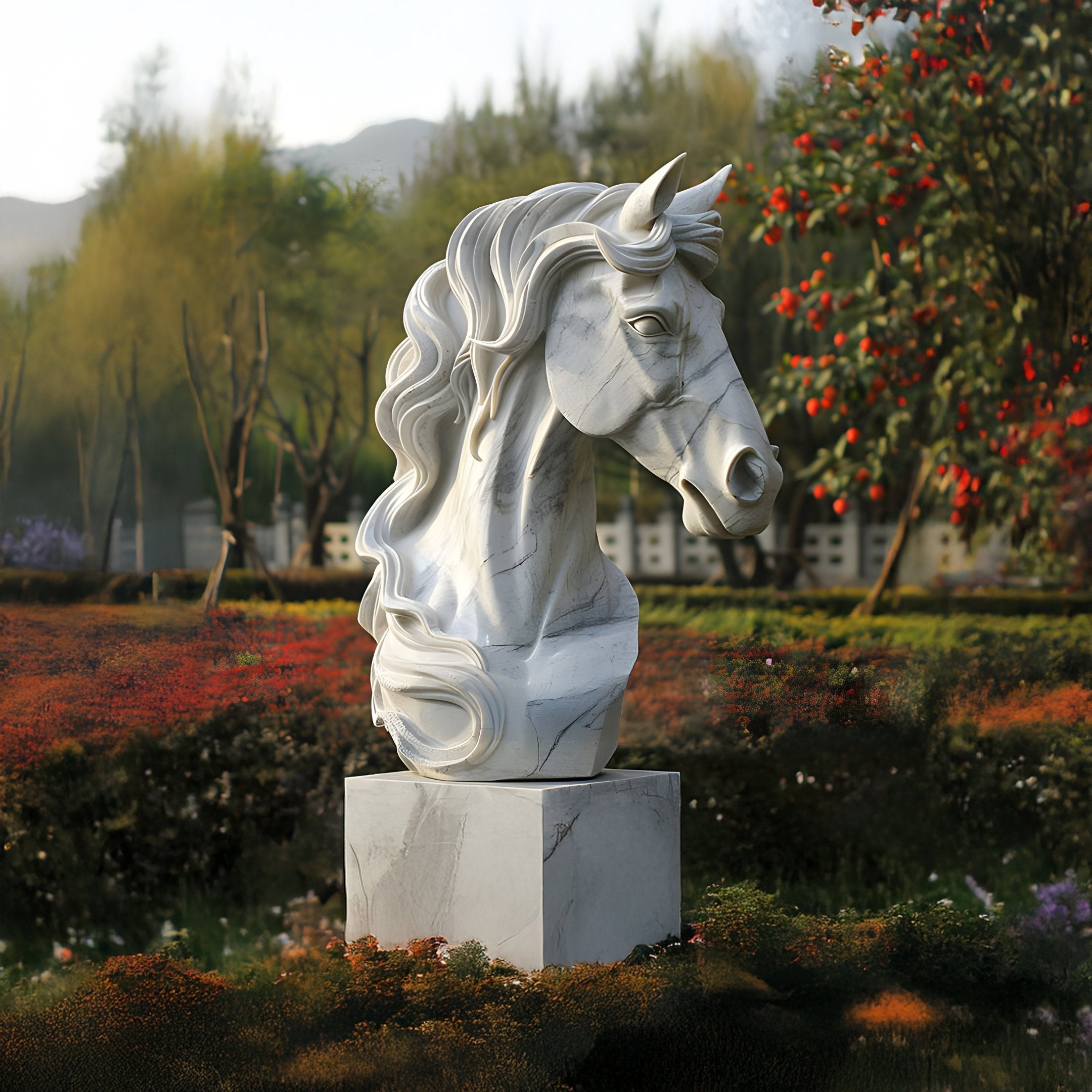 The Elegant Horse Head White Marble Outdoor Sculpture by Giant Sculptures, 120cm tall, stands on a pedestal in a lush garden with flowers, trees, and mountain views under a clear sky.