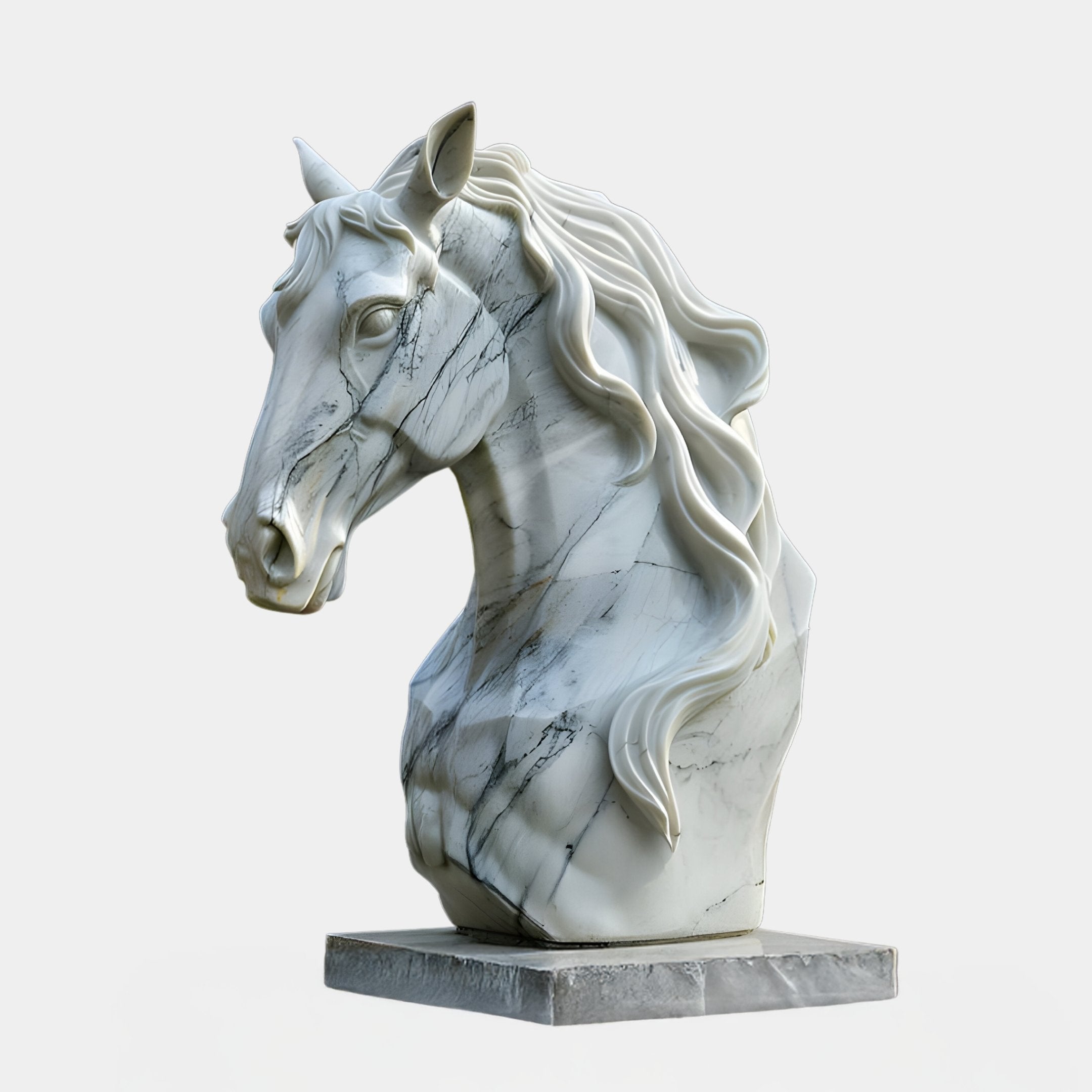 The Graceful Horse Head White Marble Outdoor Sculpture by Giant Sculptures, measuring 60cm, features detailed craftsmanship with a flowing mane and smooth finish. Elegantly presented on a square base, it makes an exquisite outdoor centerpiece.