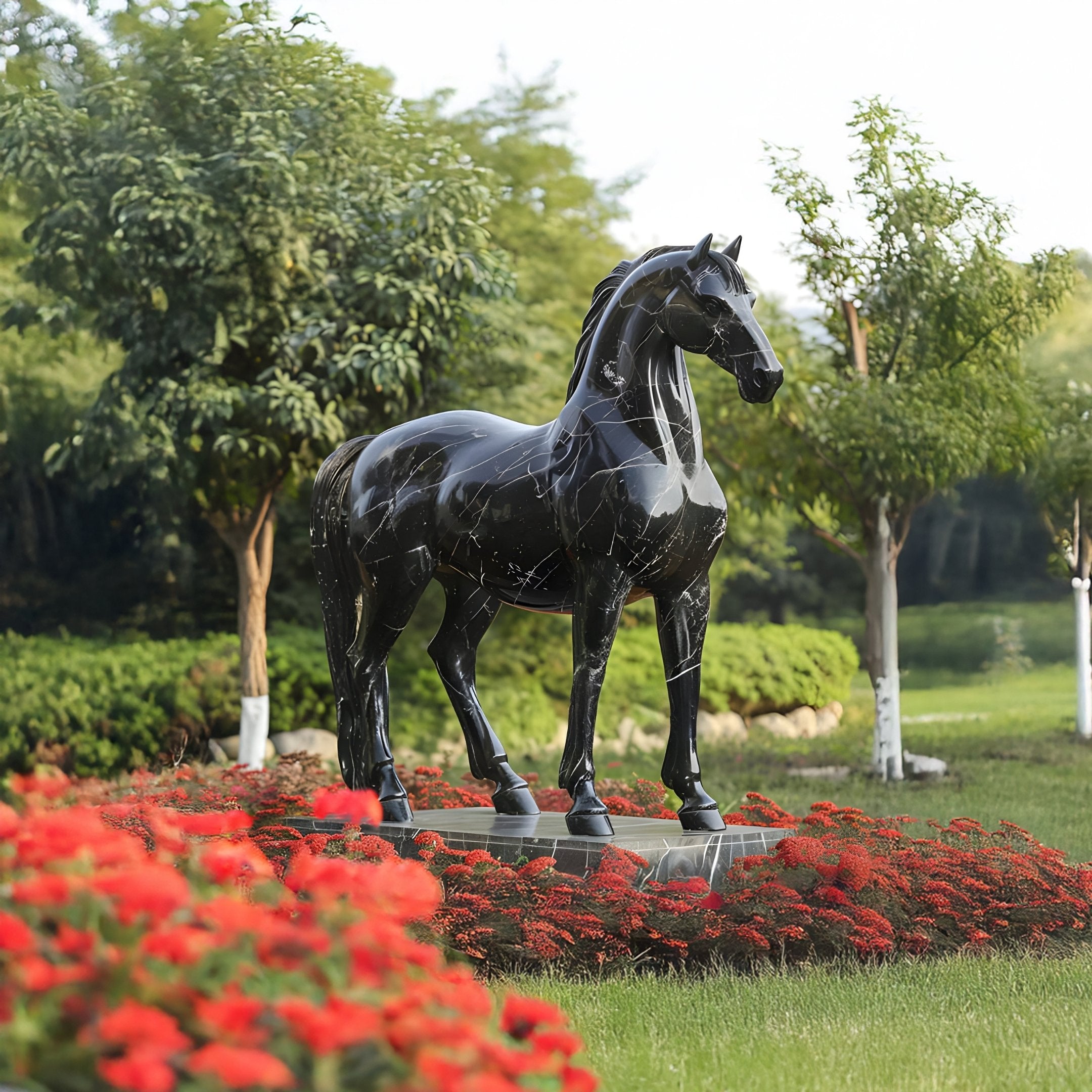 In a garden filled with vibrant red flowers and lush greenery, the Stately Horse Black Marble Outdoor Sculpture by Giant Sculptures stands majestically at 220cm, framed by trees under a clear sky.