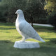 The Elegant Dove Marble Outdoor Sculpture by Giant Sculptures, standing at 50cm, sits gracefully in a grassy park atop a pedestal. Its smooth surface reflects sunlight, while trees in the background enhance its serene charm.