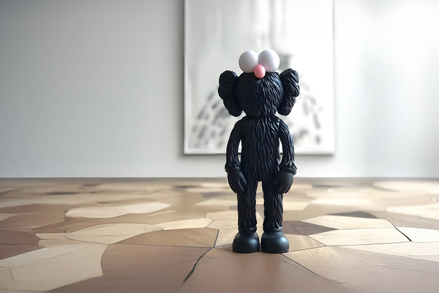 A statue of a dark, furry character with large ears and white eyes stands on a patterned wooden floor. The background is blurred, featuring a white framed artwork on the wall.