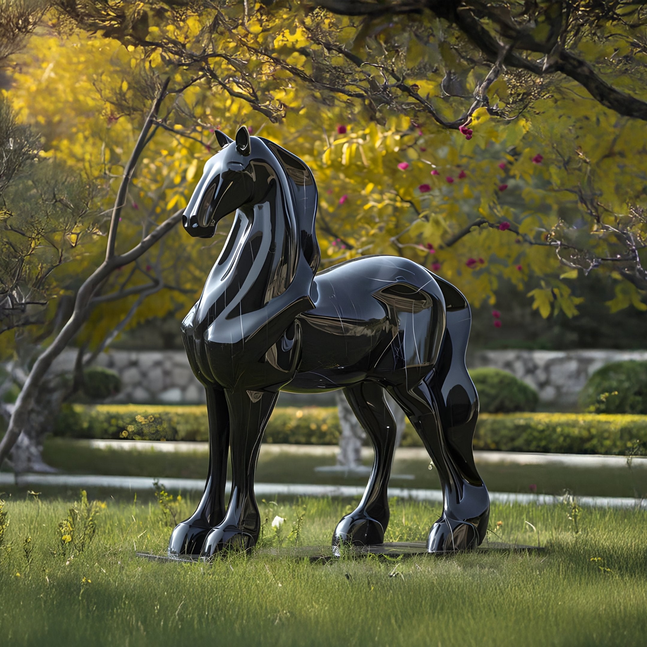 The Sculpted Horse Black Marble Outdoor Sculpture - 200cm by Giant Sculptures stands elegantly on a grassy lawn surrounded by trees with yellow leaves, reflecting light beautifully with a glossy finish, while a stone wall can be seen in the background.