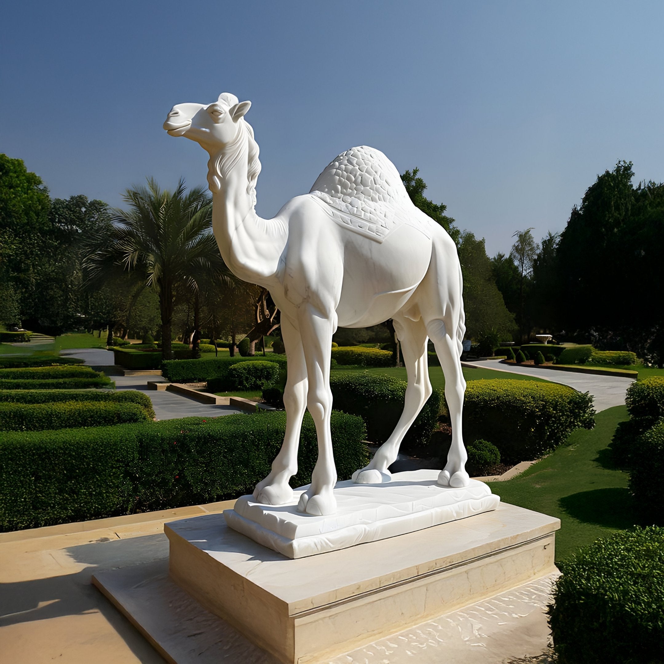 The Majestic Camel White Marble Outdoor Sculpture by Giant Sculptures, standing elegantly at 160cm, graces a pedestal in a well-manicured garden amid precise hedges, palm trees, and under a vivid blue sky.