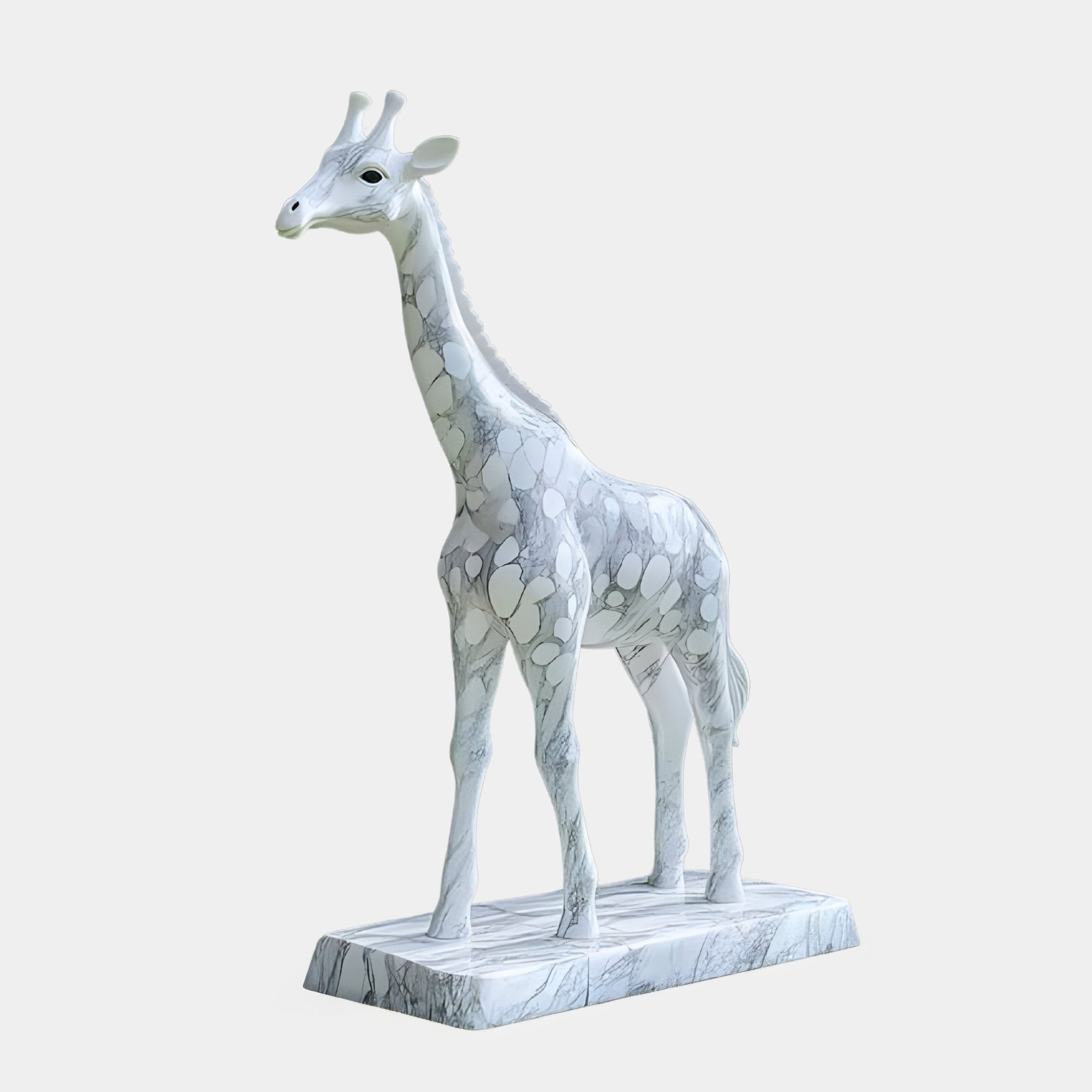 The Elegant Giraffe White Marble Outdoor Sculpture by Giant Sculptures is a sleek 350cm piece with a smooth surface featuring light gray hues and darker patches, set on a matching rectangular base against an off-white background.