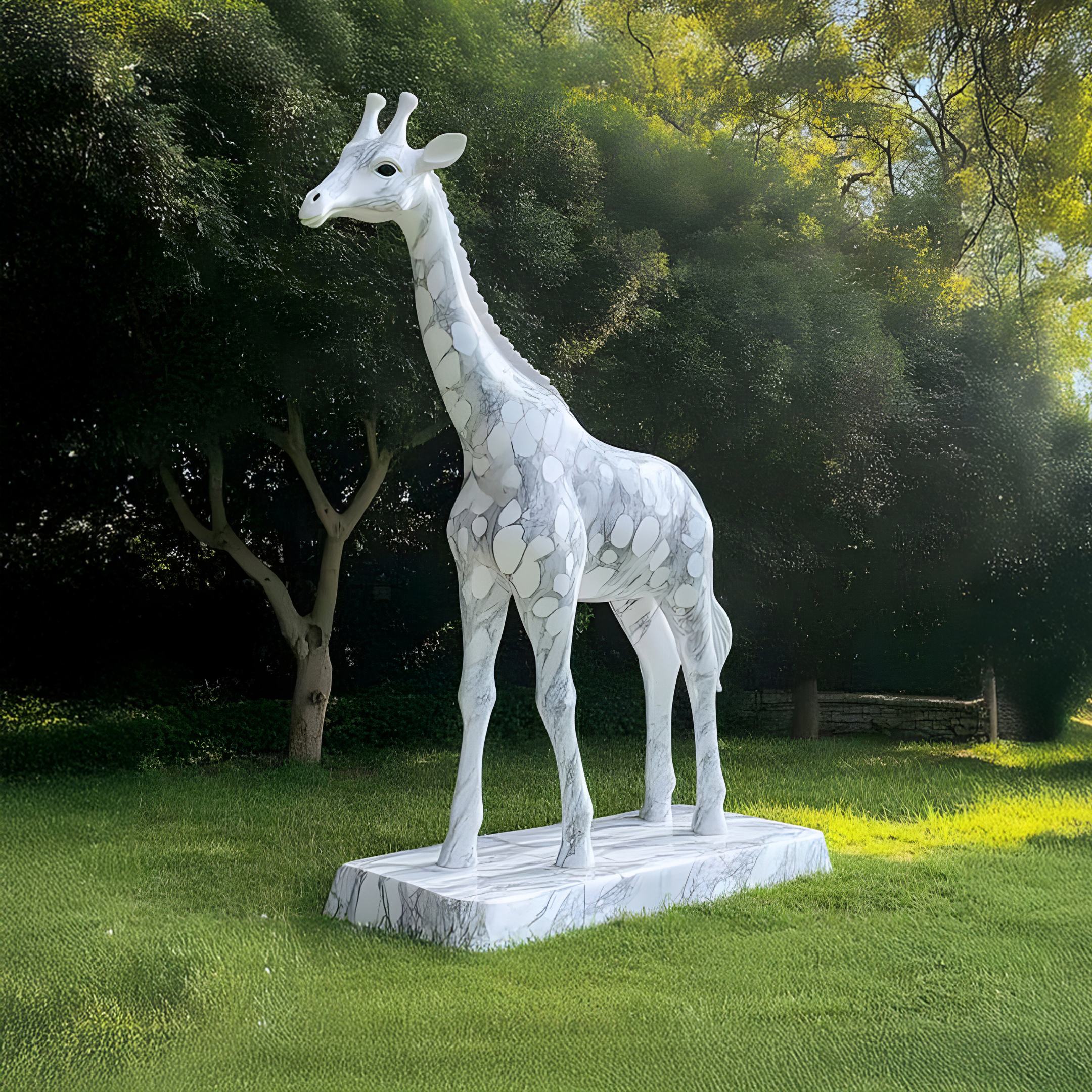 The Elegant Giraffe White Marble Outdoor Sculpture by Giant Sculptures, standing 350cm tall with an overlapping circles pattern on a rectangular base, gleams in sunlight filtering through dense trees, casting dappled shadows on the grass in a lush park.