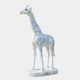 The Noble Standing Giraffe White Marble Outdoor Sculpture by Giant Sculptures stands gracefully on a matching base, featuring abstract cracked patterns and gray veining against a light gray backdrop, elegantly blending artistry and nature.