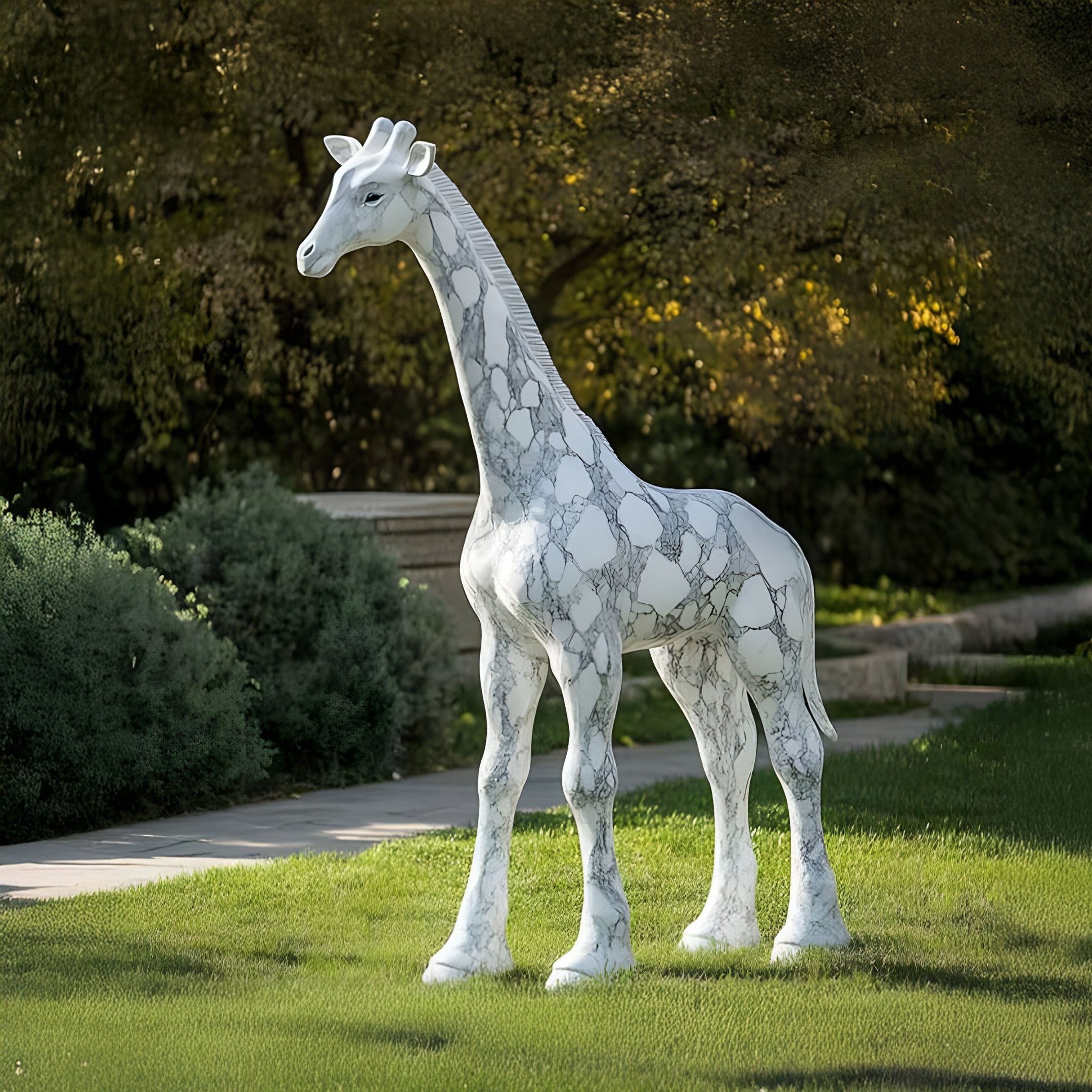 The Majestic Tower Giraffe White Marble Outdoor Sculpture, crafted by Giant Sculptures and standing 350cm tall, gracefully adorns a grassy lawn, blending with lush greenery and shaded trees.