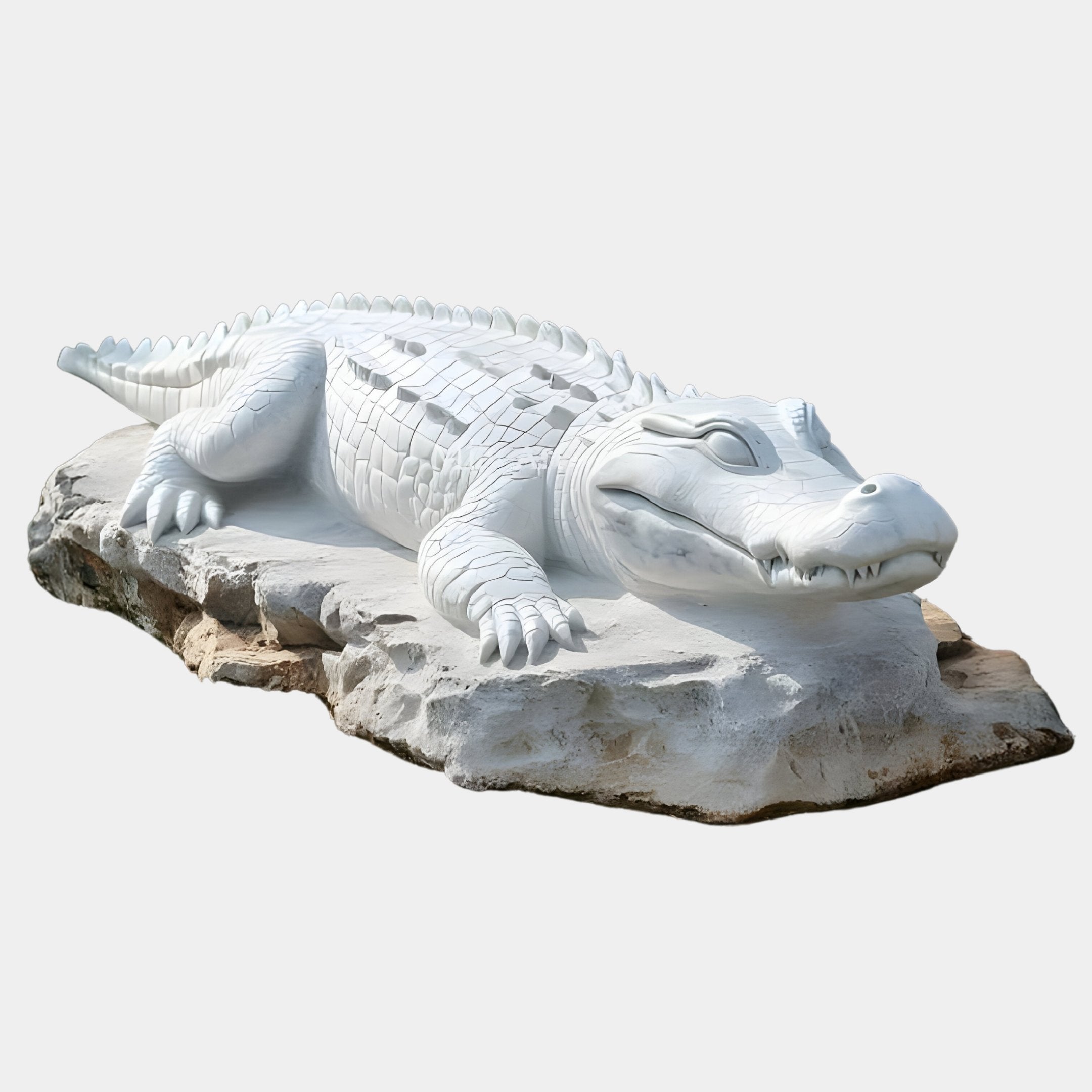 The Crocodile I, White Marble Outdoor Sculpture by Giant Sculptures, is a 60cm piece depicting a segmented-patterned alligator with scales and claws, resting calmly on a natural rock-like textured stone base.