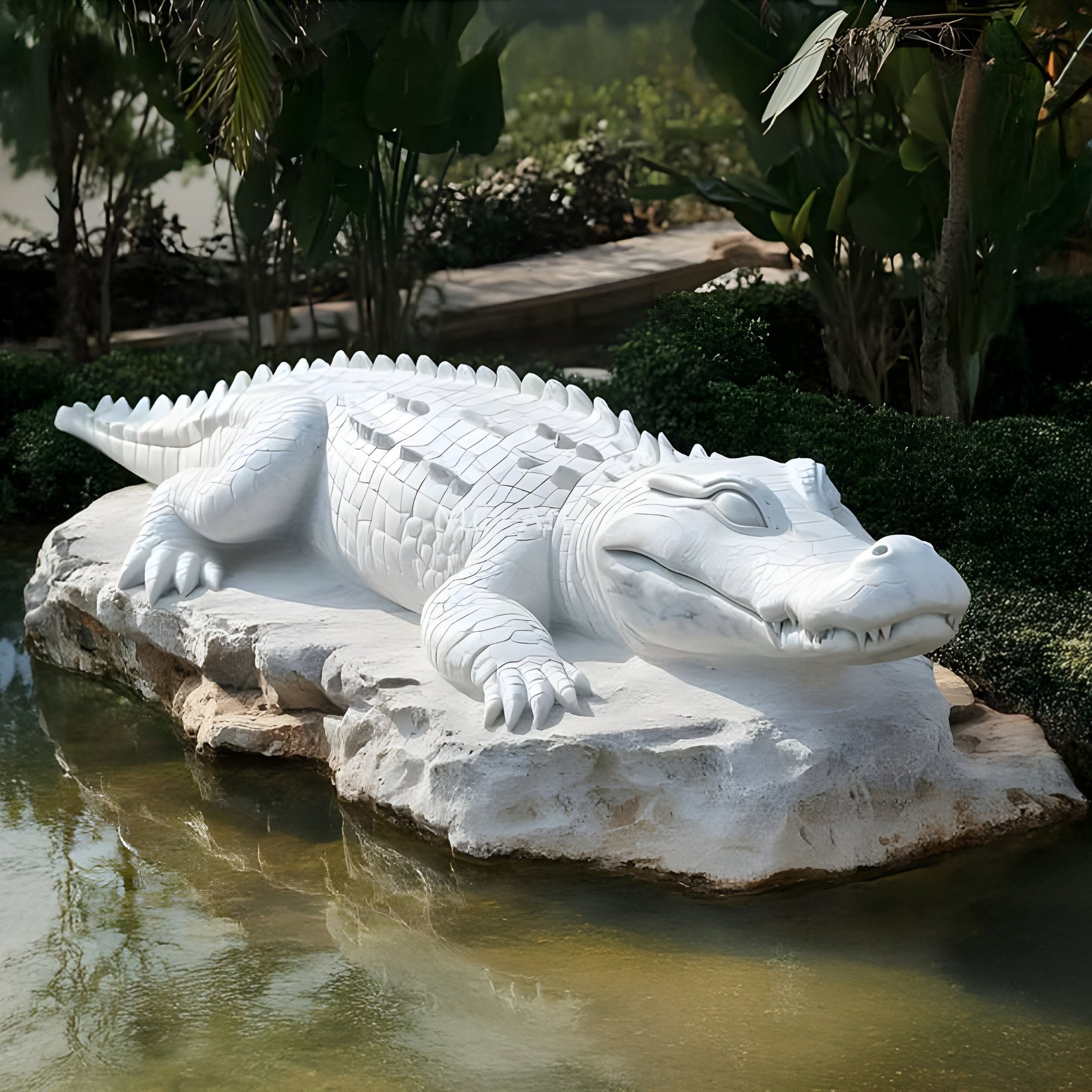 The Crocodile I White Marble Outdoor Sculpture by Giant Sculptures, measuring 60 cm, rests on a stone platform amidst water and greenery. Its lifelike scales and textures blend seamlessly with the serene, natural outdoor setting.