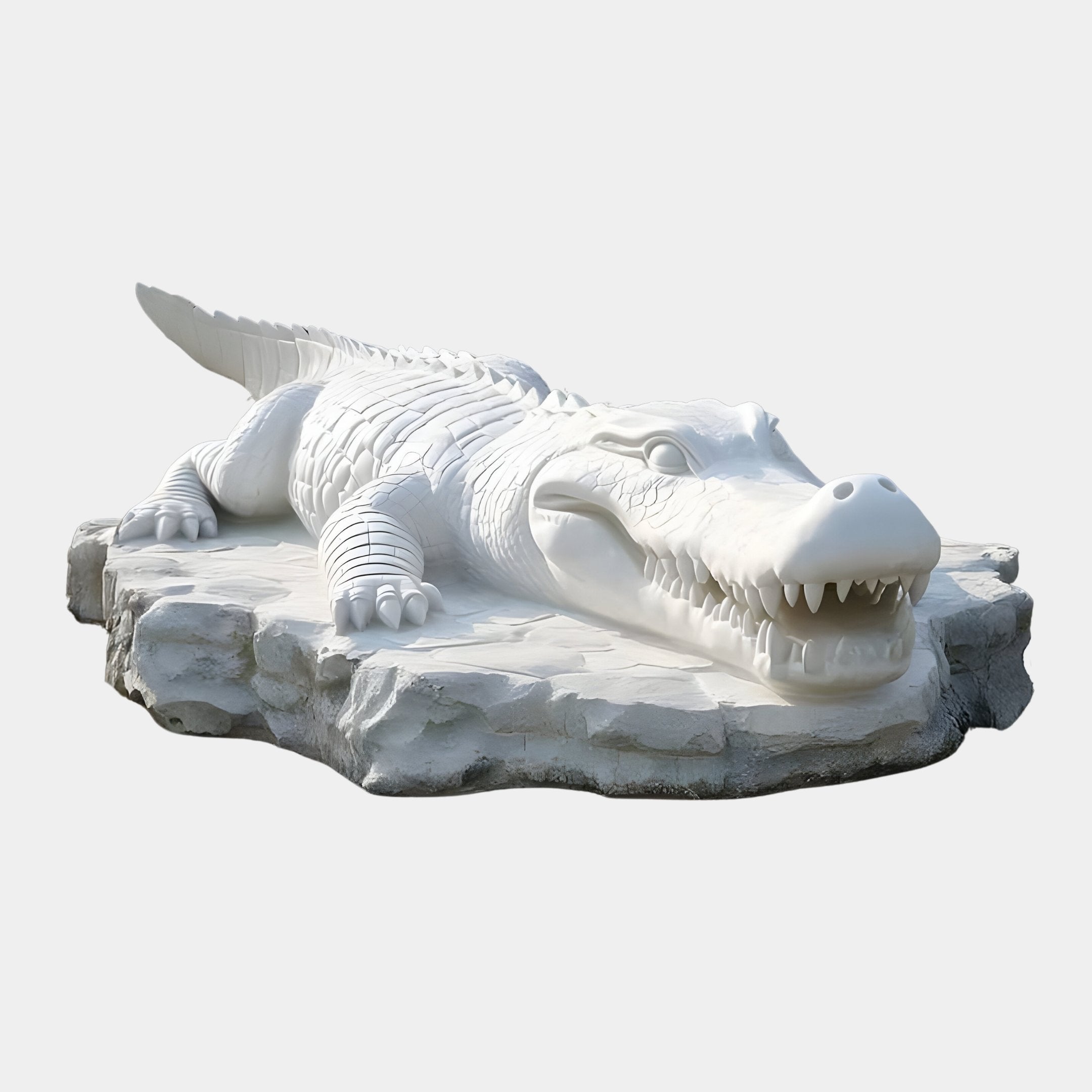 The Crocodile III White Marble Outdoor Sculpture by Giant Sculptures rests on a matching base, showcasing intricate scales, an open mouth with teeth, and a long tail against a plain light gray background.