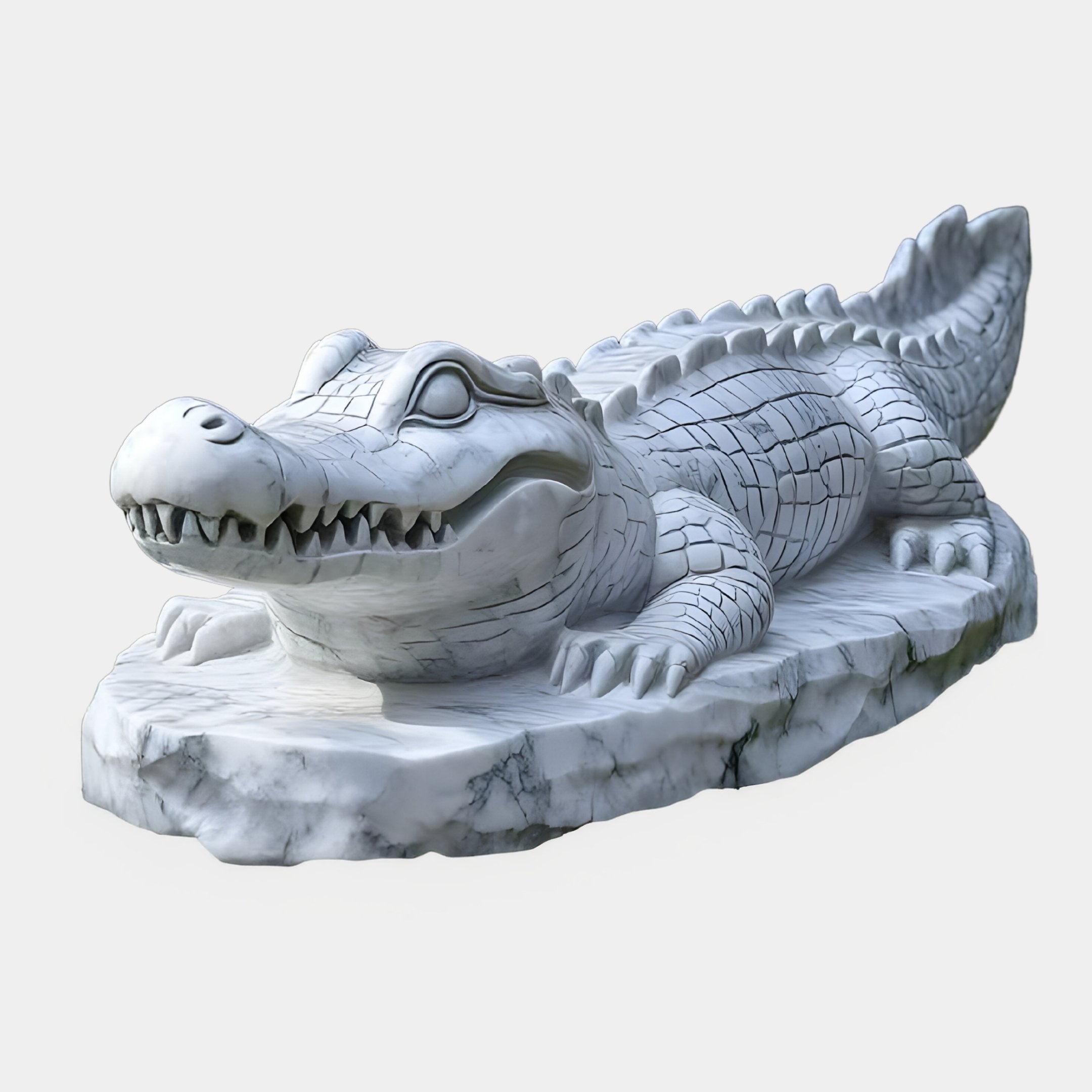 The Crocodile II White Marble Outdoor Sculpture by Giant Sculptures is a detailed, 60cm hand-carved piece showcasing textured scales and a subtle smile. Set against a plain white background, its intricate artistry is emphasized.