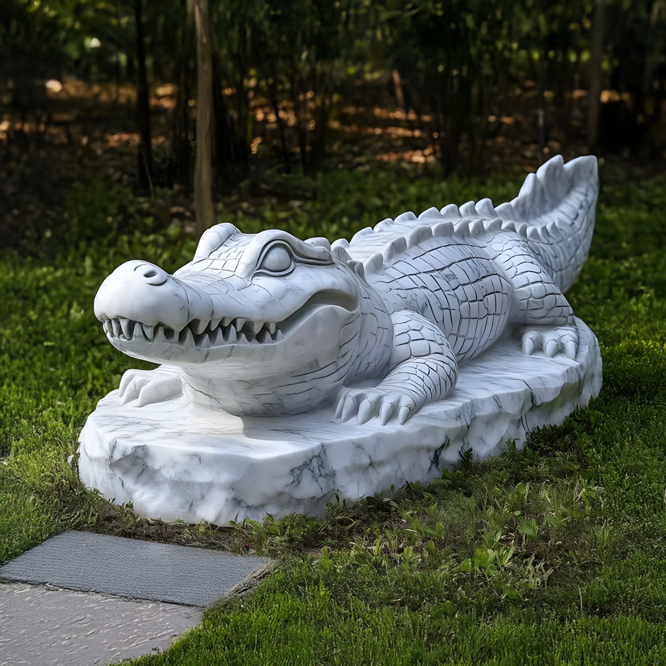 The Crocodile II White Marble Outdoor Sculpture by Giant Sculptures, a realistic 60cm hand-carved piece, rests on grass among trees. It features intricate details and a slightly open mouth, capturing the essence of the wild.