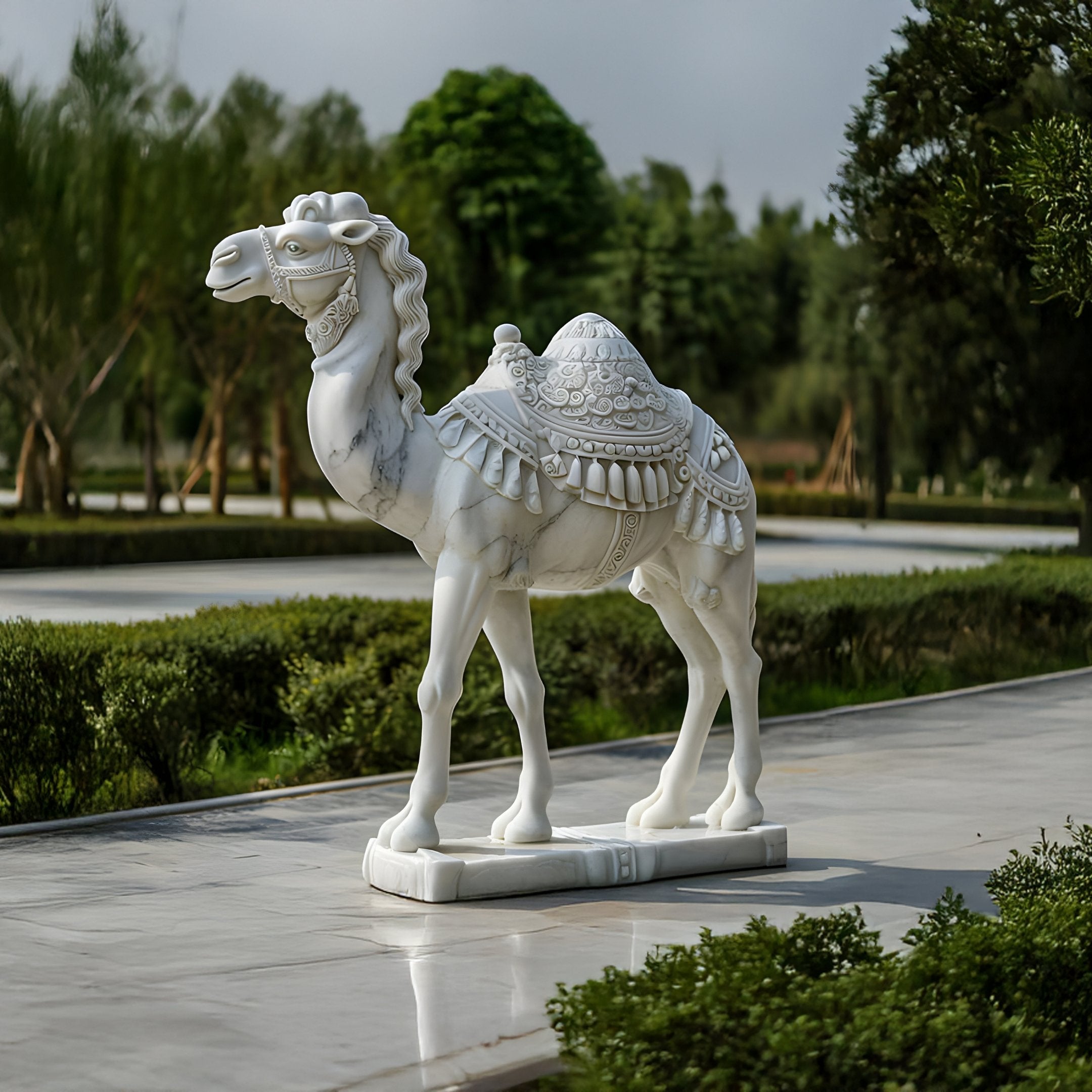 The Ornate Camel White Marble Outdoor Sculpture by Giant Sculptures, standing 160cm tall, enhances a garden path amidst lush greenery and trees under an overcast sky.