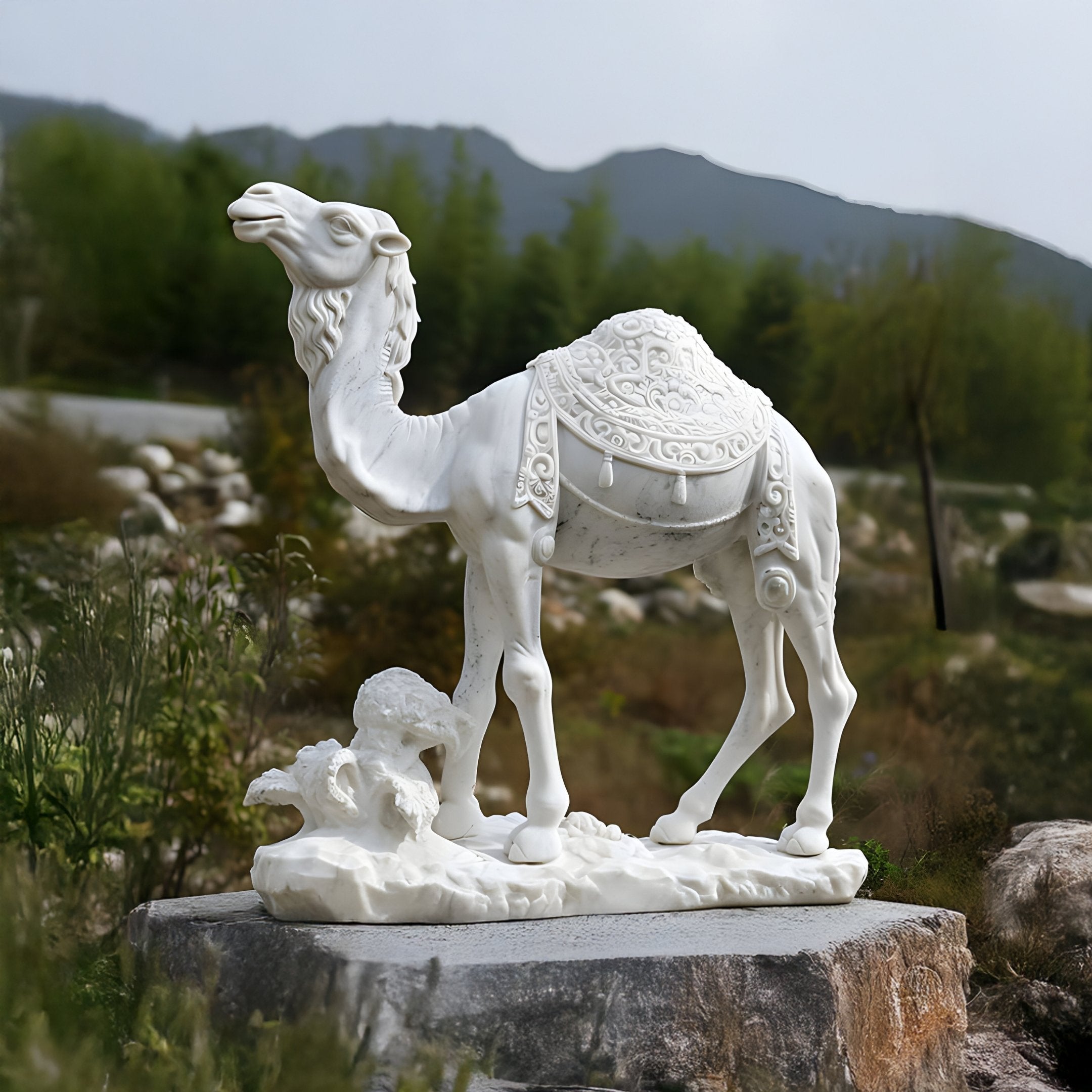 The 160cm Classic Caravan Camel Marble Outdoor Sculpture by Giant Sculptures features a carved white marble camel on a rock, set against lush greenery and mountains under a cloudy sky, exemplifying traditional craftsmanship.