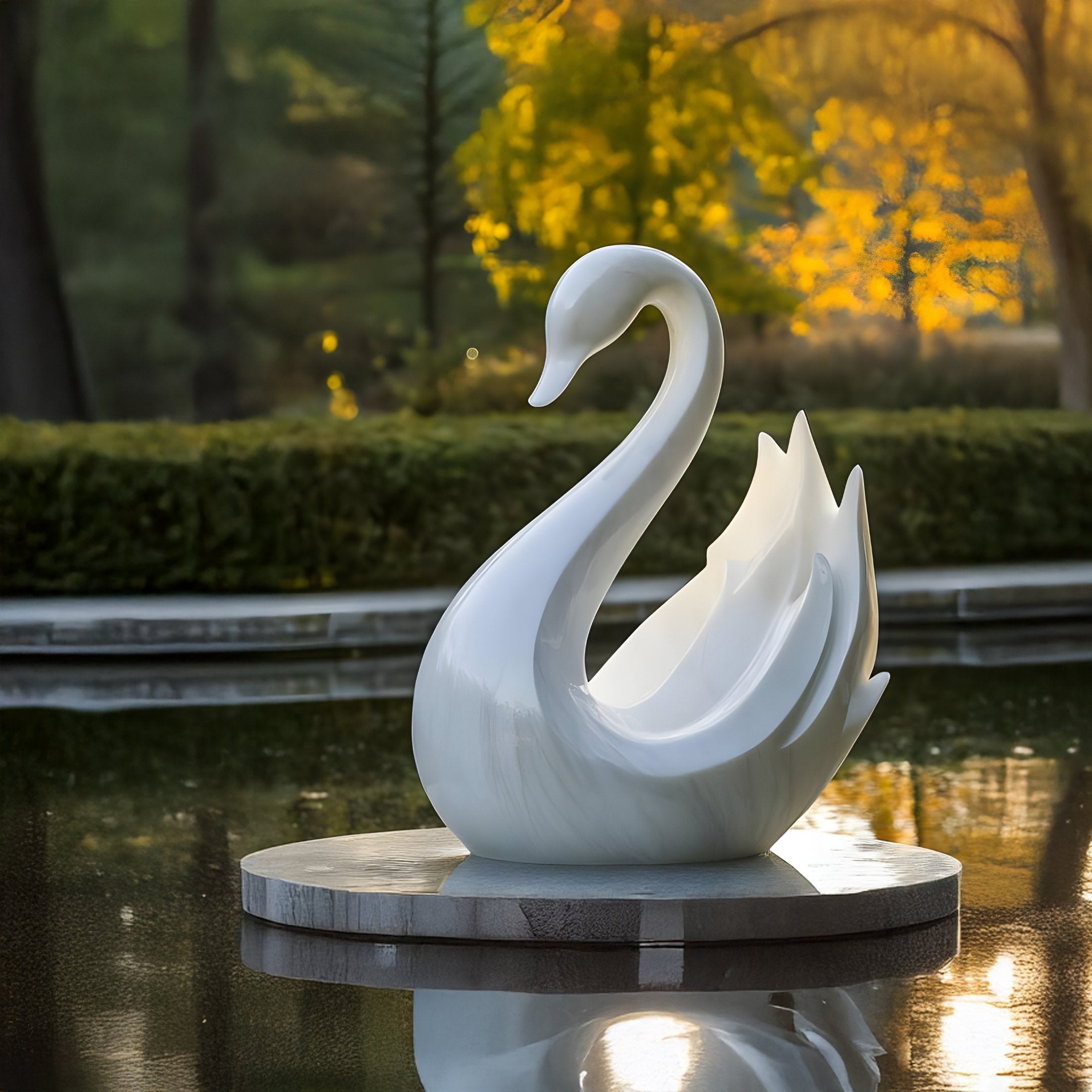 Giant Sculptures Serene Swan White Marble Outdoor Sculpture (100cm) stands gracefully on a circular platform in a tranquil pond, surrounded by lush greenery. Warm sunlight filters through trees with golden leaves, enhancing the peaceful ambiance.