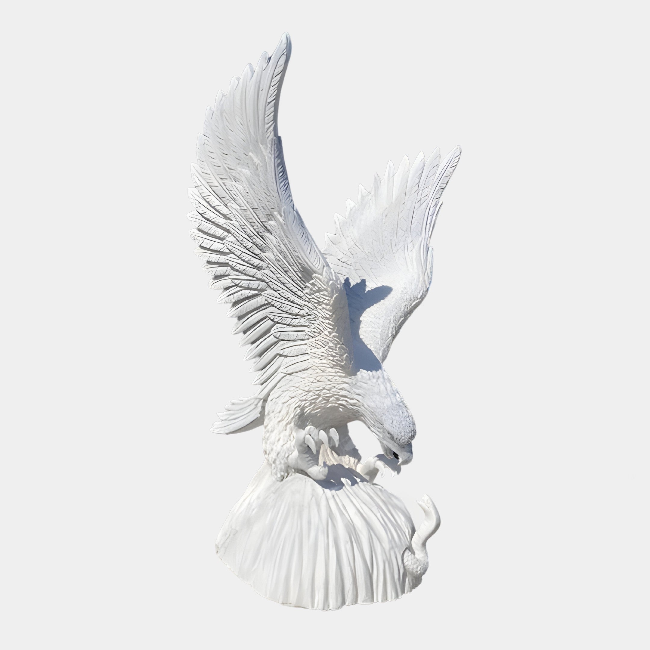 The Soaring Eagle White Marble Outdoor Sculpture by Giant Sculptures showcases an eagle with spread wings atop a rocky base, set against a plain background.