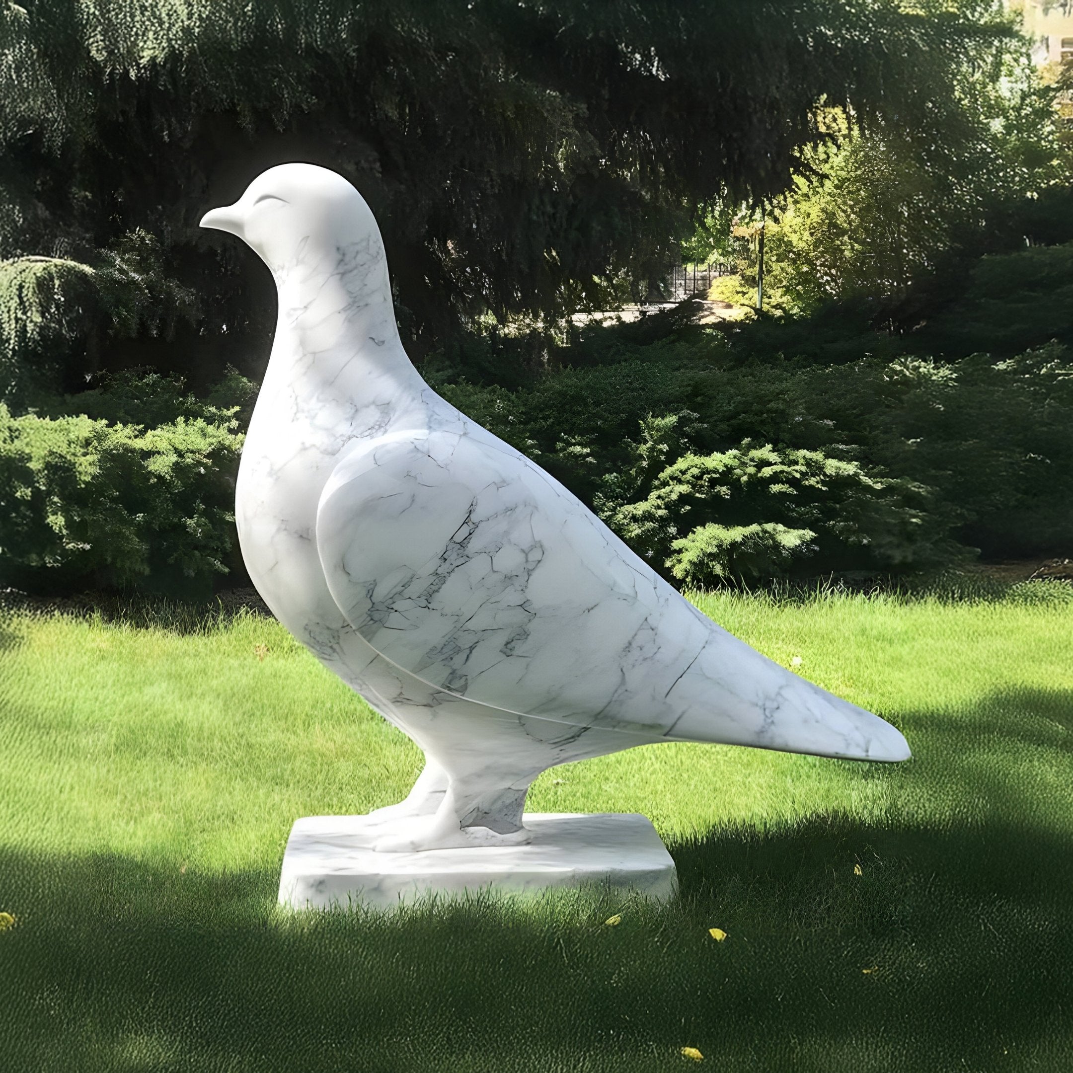 The Giant Sculptures Classic White Dove Marble Outdoor Sculpture (50cm) graces a grassy area amid bushes and trees. Its smooth surface with gray veining reflects a classic design, illuminated by bright sunlight.