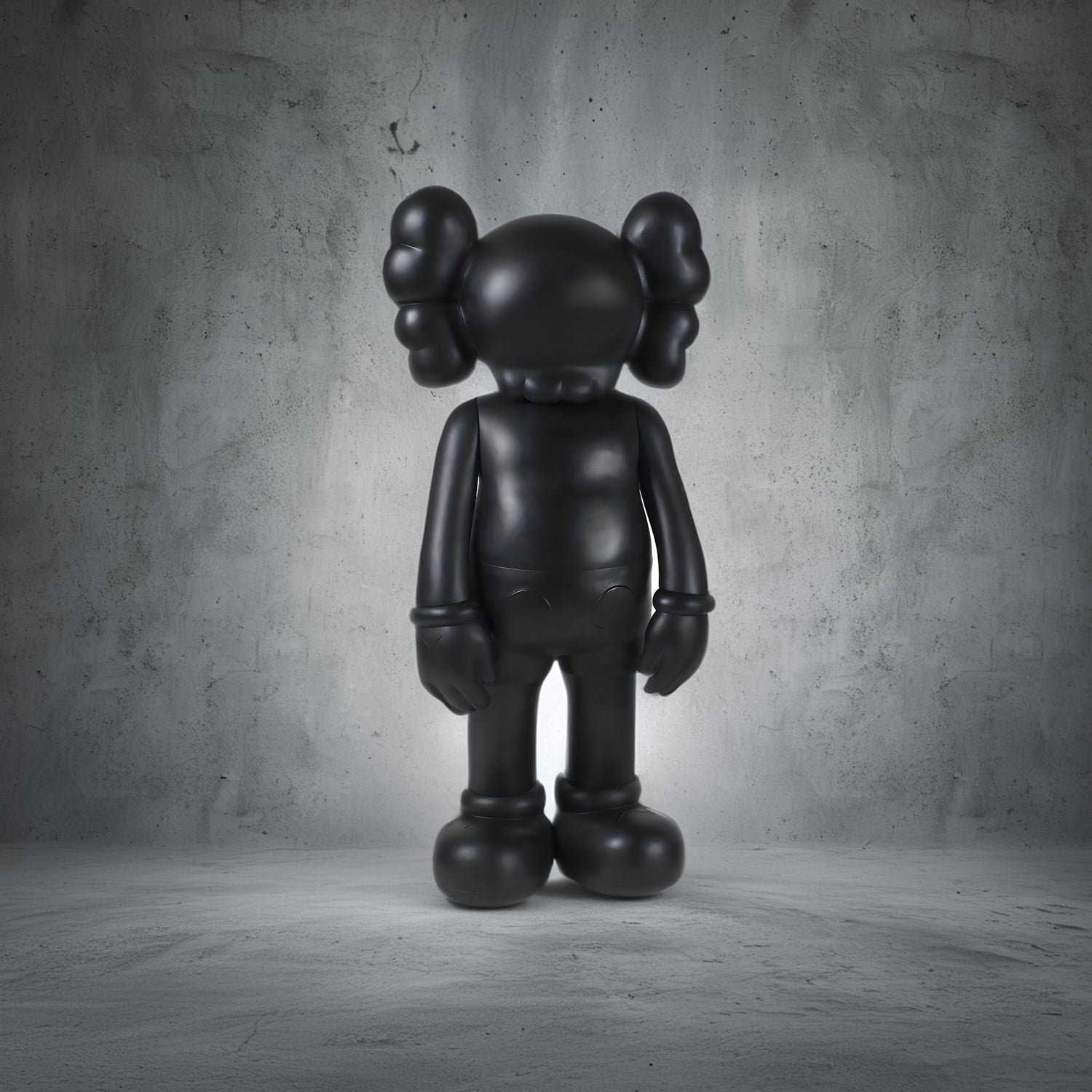 Iconify black sculpture standing in a minimalist luxury space, concrete wall