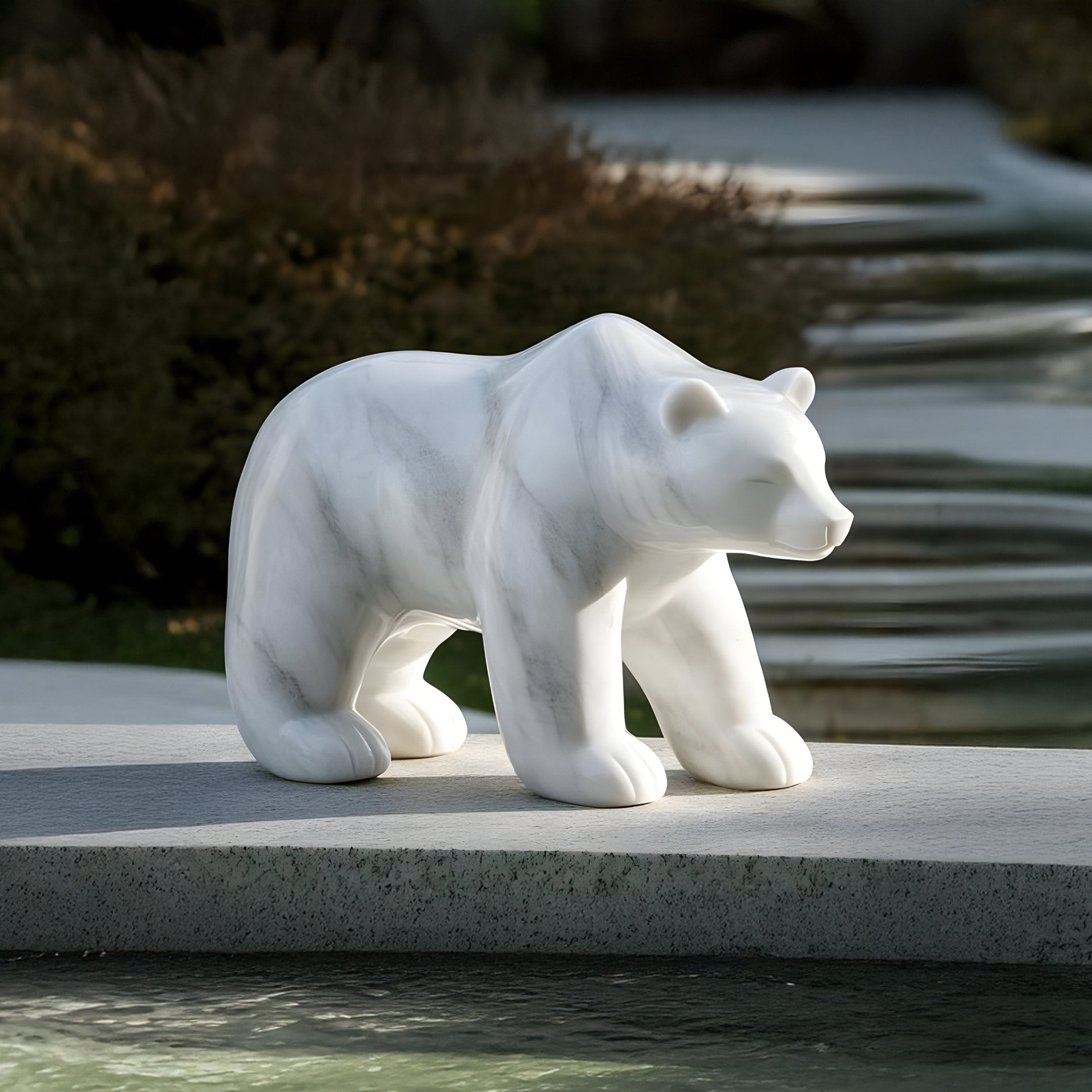 A 50cm Arctic Polar Bear White Marble Outdoor Sculpture by Giant Sculptures stands on a concrete ledge by the water, with bushes and rippling waves creating a serene backdrop that enhances this exquisite marble carving in the tranquil setting.