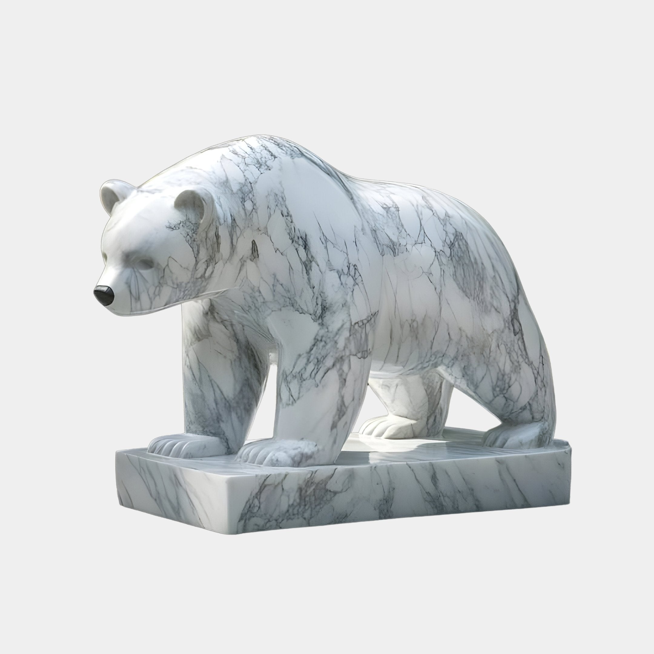 The Walking Polar Bear White Marble Outdoor Sculpture by Giant Sculptures stands 65cm tall on a rectangular base, capturing nature and artistry with its smooth, polished surfaces and gray veining, evoking the image of a polar bear against a plain white background.