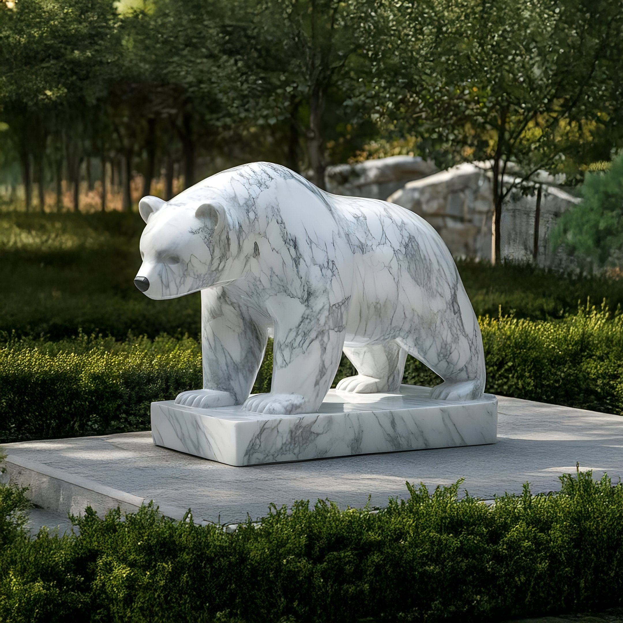 The Walking Polar Bear White Marble Outdoor Sculpture by Giant Sculptures stands majestically at 65cm on a stone platform, surrounded by lush greenery and low hedges. This exquisite craftsmanship captures natures beauty, framed by towering trees.