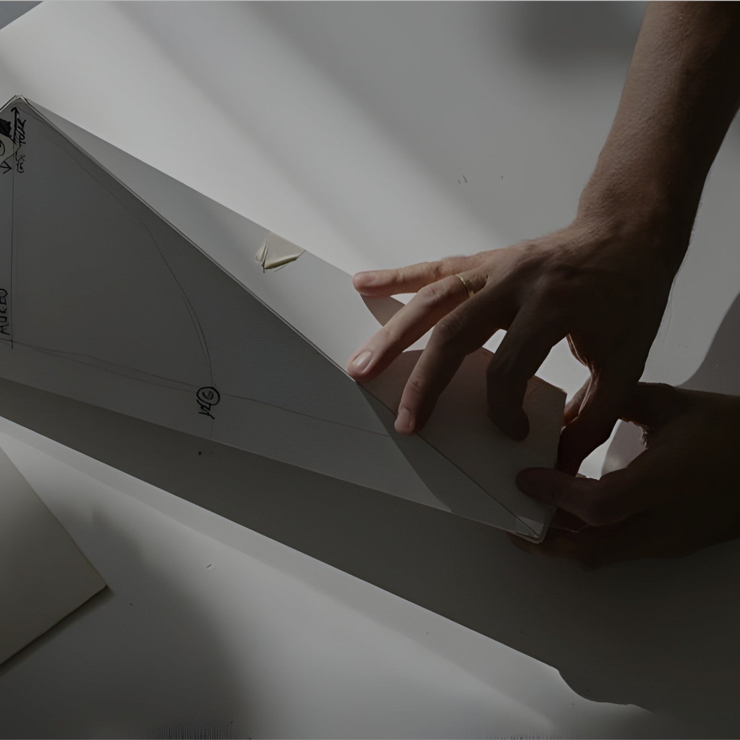 Hands carefully folding a large paper airplane on a white table, with partial diagrams and sketches visible on the paper. The scene is lit by soft, natural light, creating shadows and highlighting the textures of the paper.