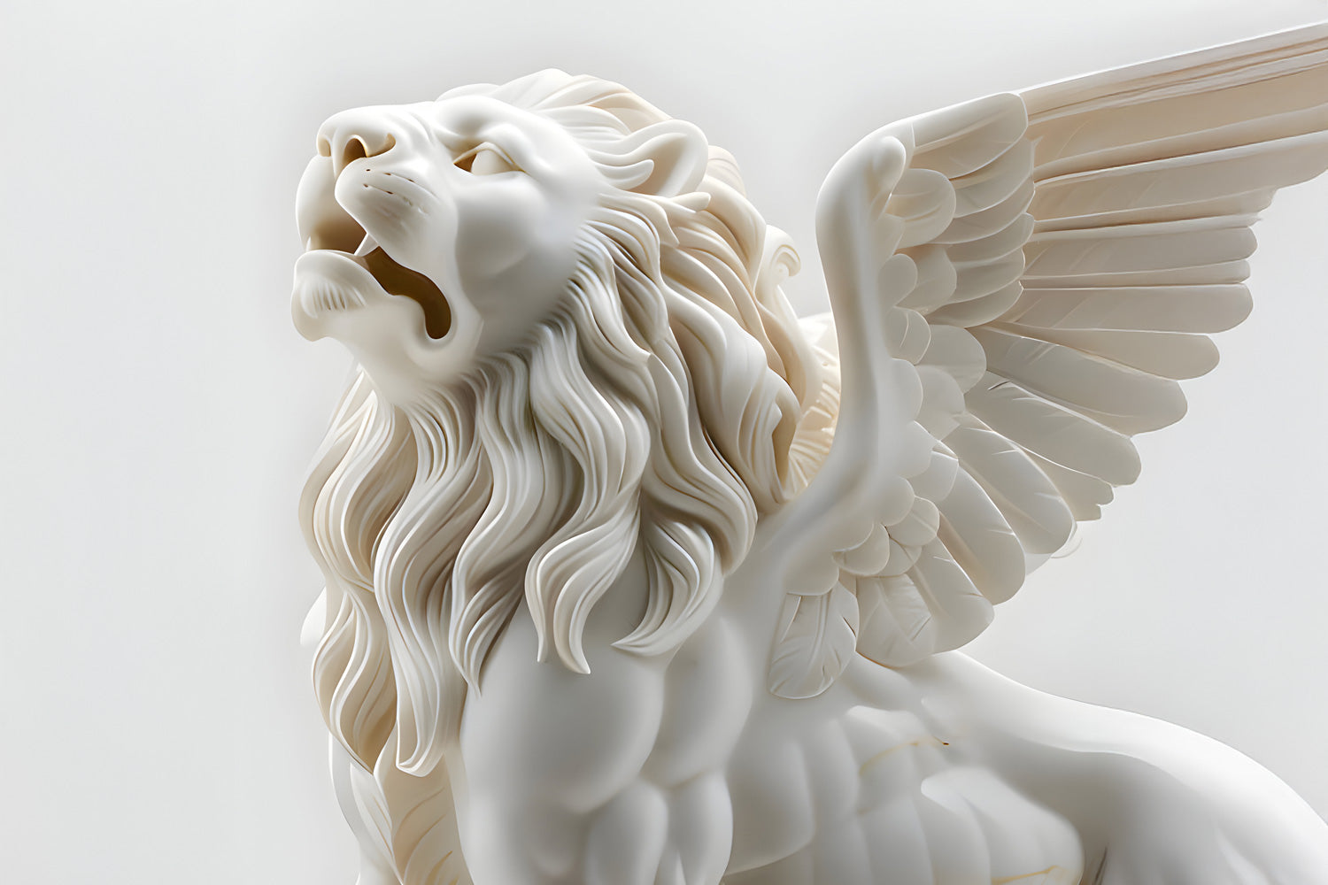 A detailed white sculpture of a winged lion with its mouth open in a roaring posture. The lion has a flowing mane and intricately crafted wings, set against a plain light background.