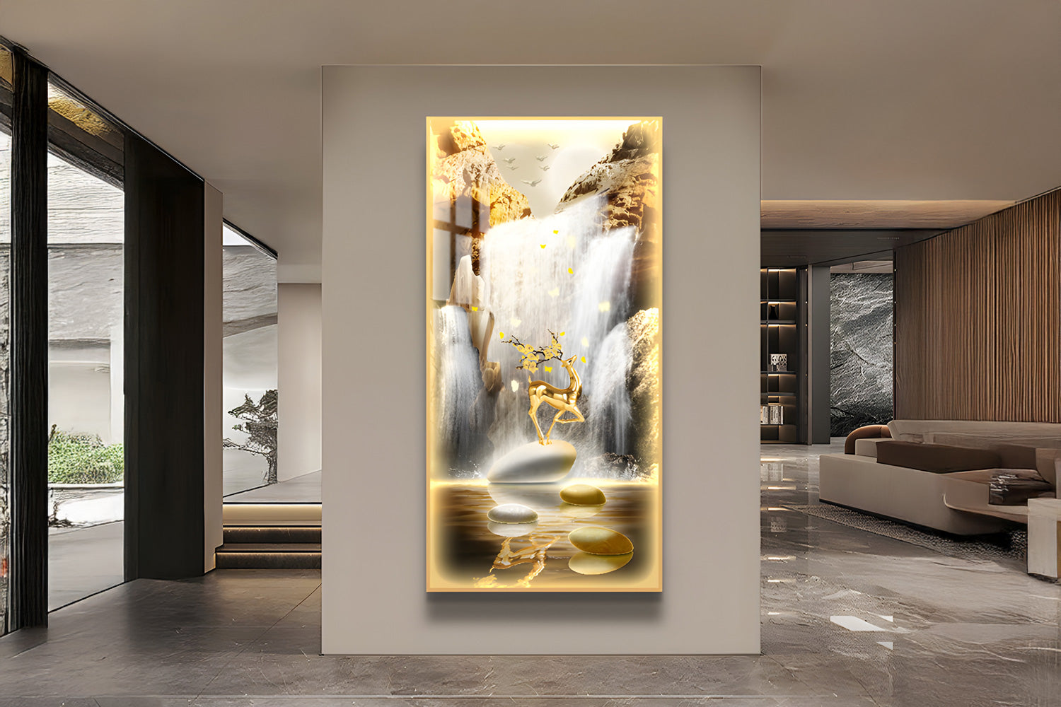 A luxurious modern interior features a large illuminated artwork of a serene landscape with a waterfall and a statue. The decor includes sleek, minimalist furniture and a polished grey stone floor, creating an elegant and tranquil ambiance.