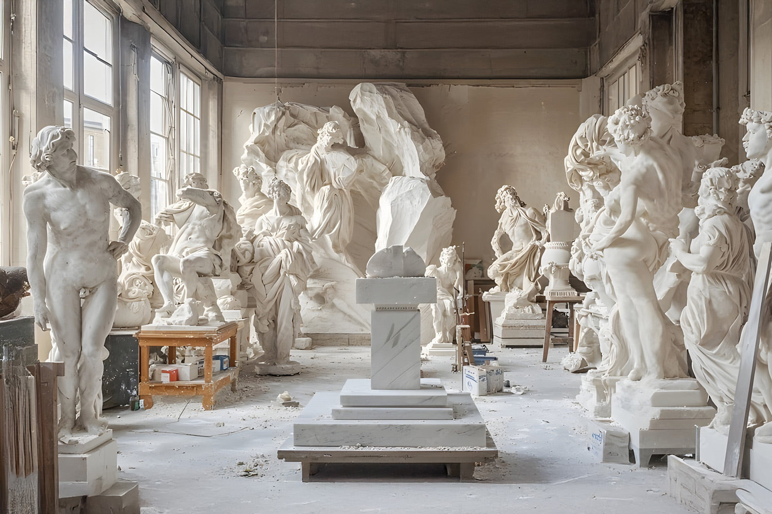 A room filled with numerous white marble sculptures, including human figures and busts, positioned throughout the space. Natural light streams in through large windows, illuminating the detailed carvings. Dust and sculpting tools are visible on the floor.