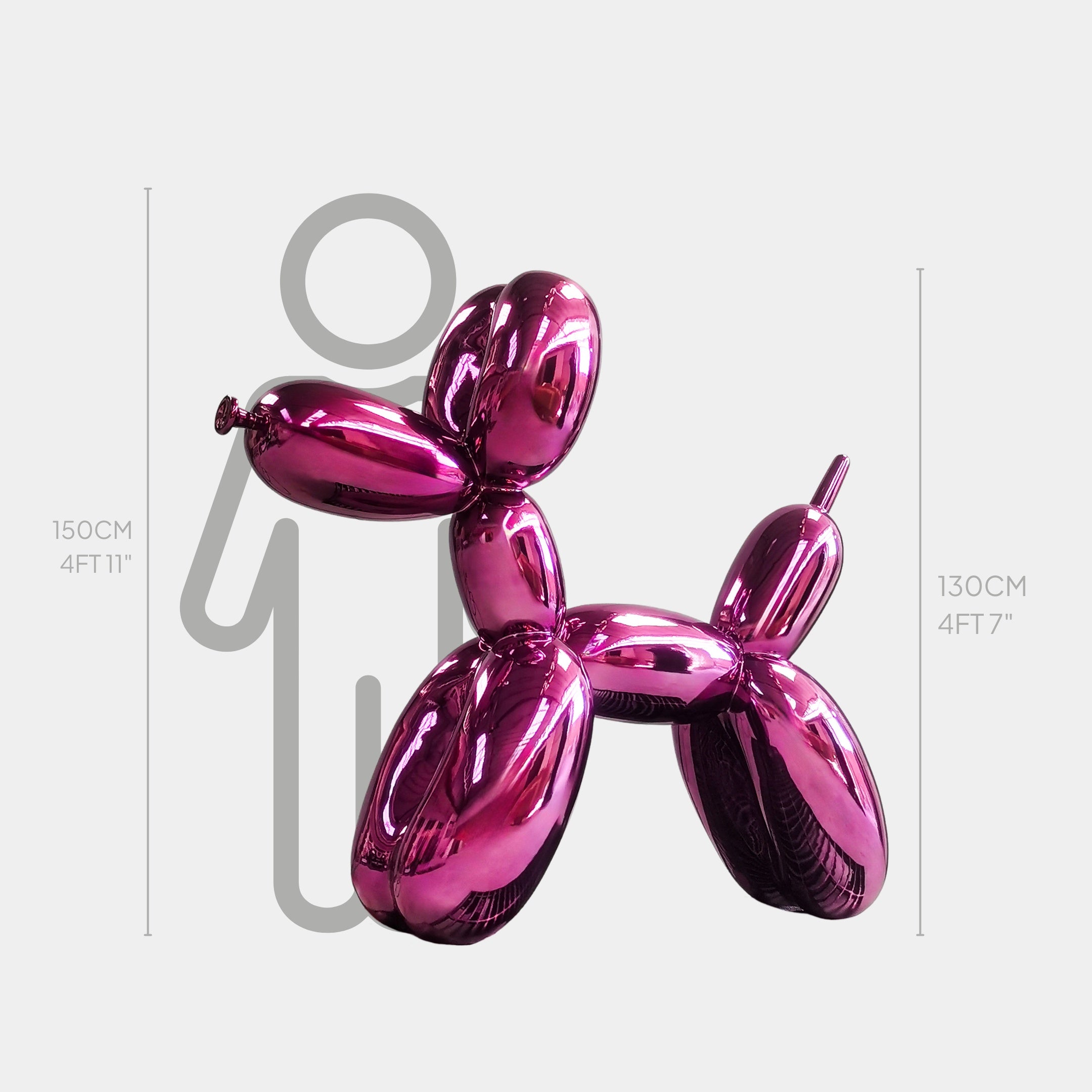 A Phantom Purple Balloon Dog Sculpture by Giant Sculptures, noted for its contemporary design, stands beside a height silhouette. The sculpture measures 100 cm (3ft 3in) compared to the 150 cm (4ft 11in) silhouette.