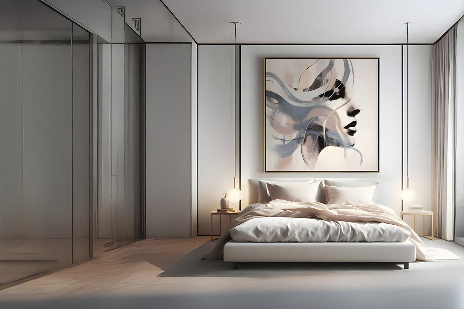 Modern bedroom with a large abstract painting of a face above the bed. Minimalist decor features soft lighting, two bedside tables, and potted plants by tall windows. Neutral tones create a serene atmosphere.