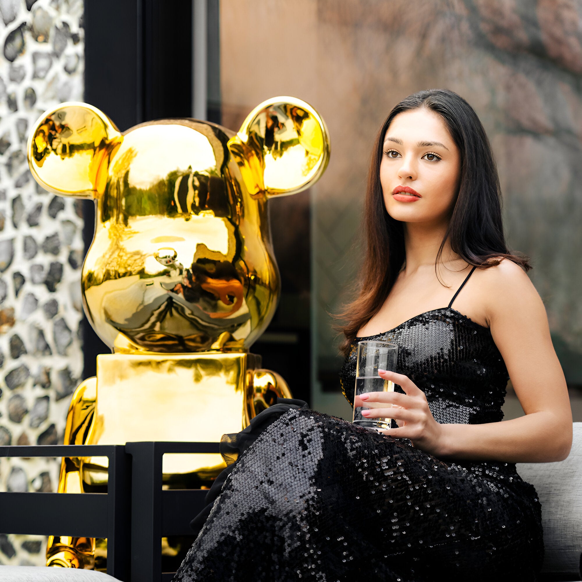 A woman in a black sequin dress elegantly holds a glass while seated next to the Gilded Gold Bear Sculpture - 135cm by Giant Sculptures. Situated on a modern patio with a stone wall backdrop, the scene exudes luxury interior decor and contemporary art flair.