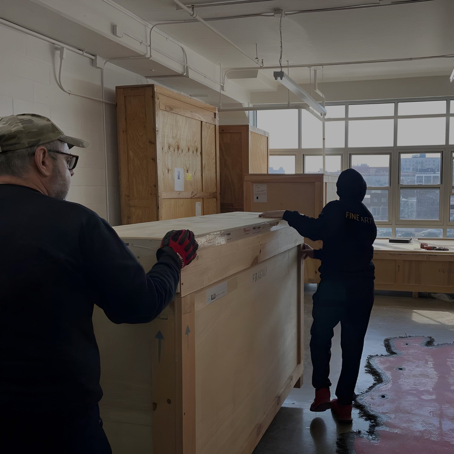 Two people are moving a large wooden crate in a well-lit room with big windows. One person wears a cap and gloves, while the other wears a hoodie with FINE ARTS on the back. More crates are visible in the background.