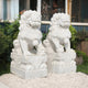 Two impressive "Chinese Guardian Lion IV" marble outdoor sculptures by Giant Sculptures rest atop ornate pedestals amidst lush greenery. These exquisite pieces showcase skillfully carved, flowing manes and intricate details as the lions adopt a forward-facing protective stance.