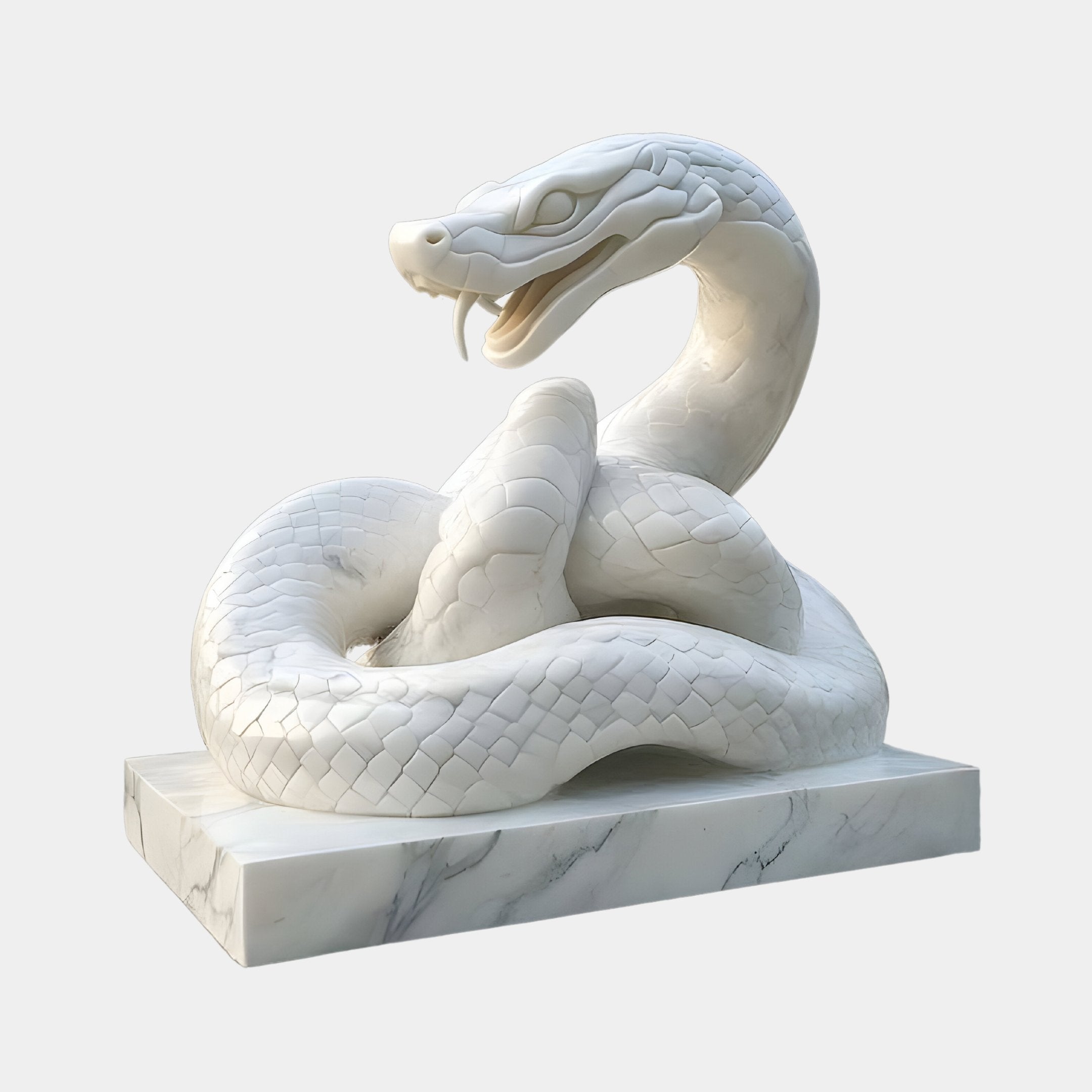 The Coiled Snake White Marble Outdoor Sculpture by Giant Sculptures intricately details scales and fangs, with its stunning lifelike design on a rectangular base. Perfect for outdoor settings, this 100cm piece is set against a plain white background.