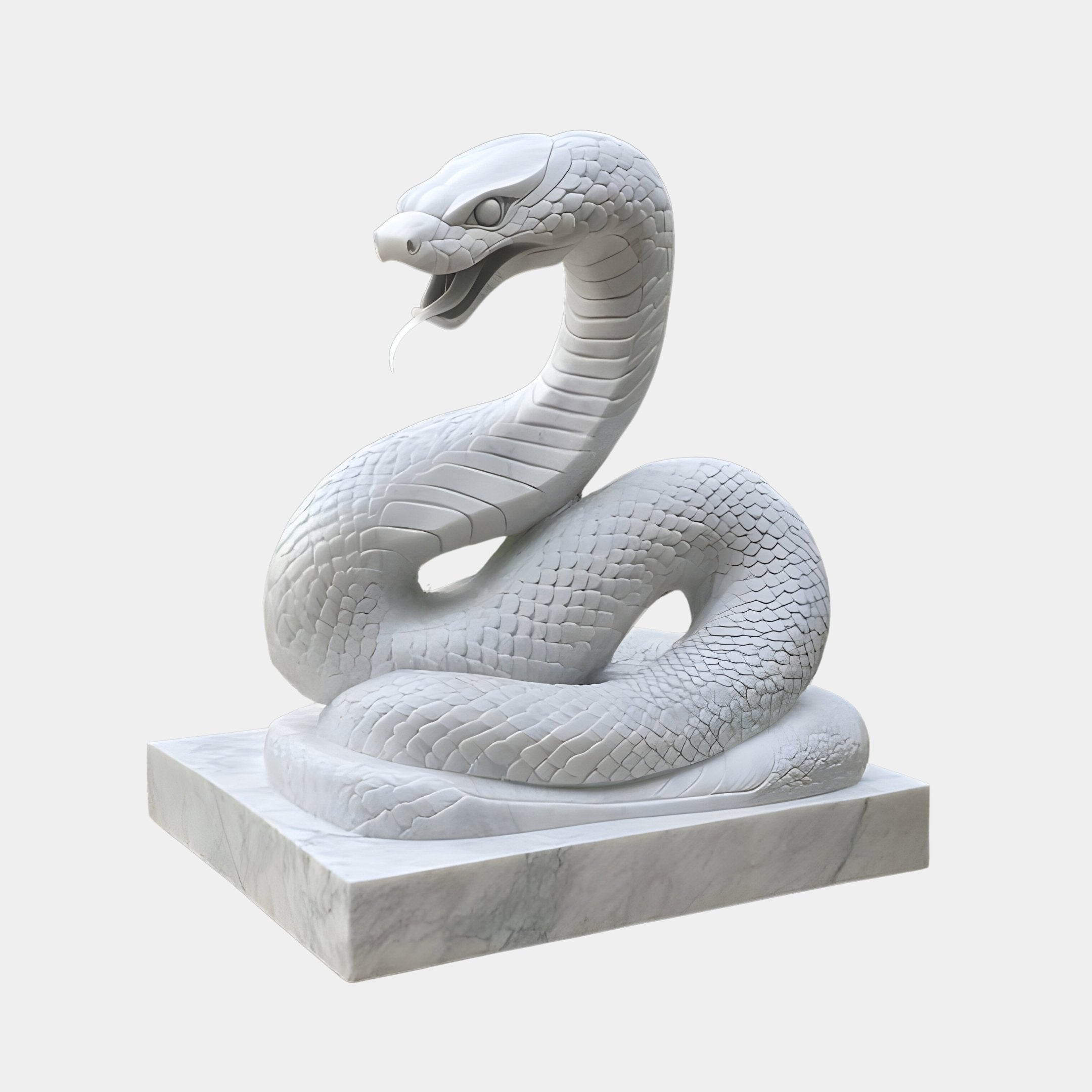 The Towering Snake White Marble Outdoor Sculpture by Giant Sculptures showcases an intricately detailed coiled serpent with open mouth and visible fangs, poised above a marble base, adding realism to your outdoor space. Dimensions: 120cm.