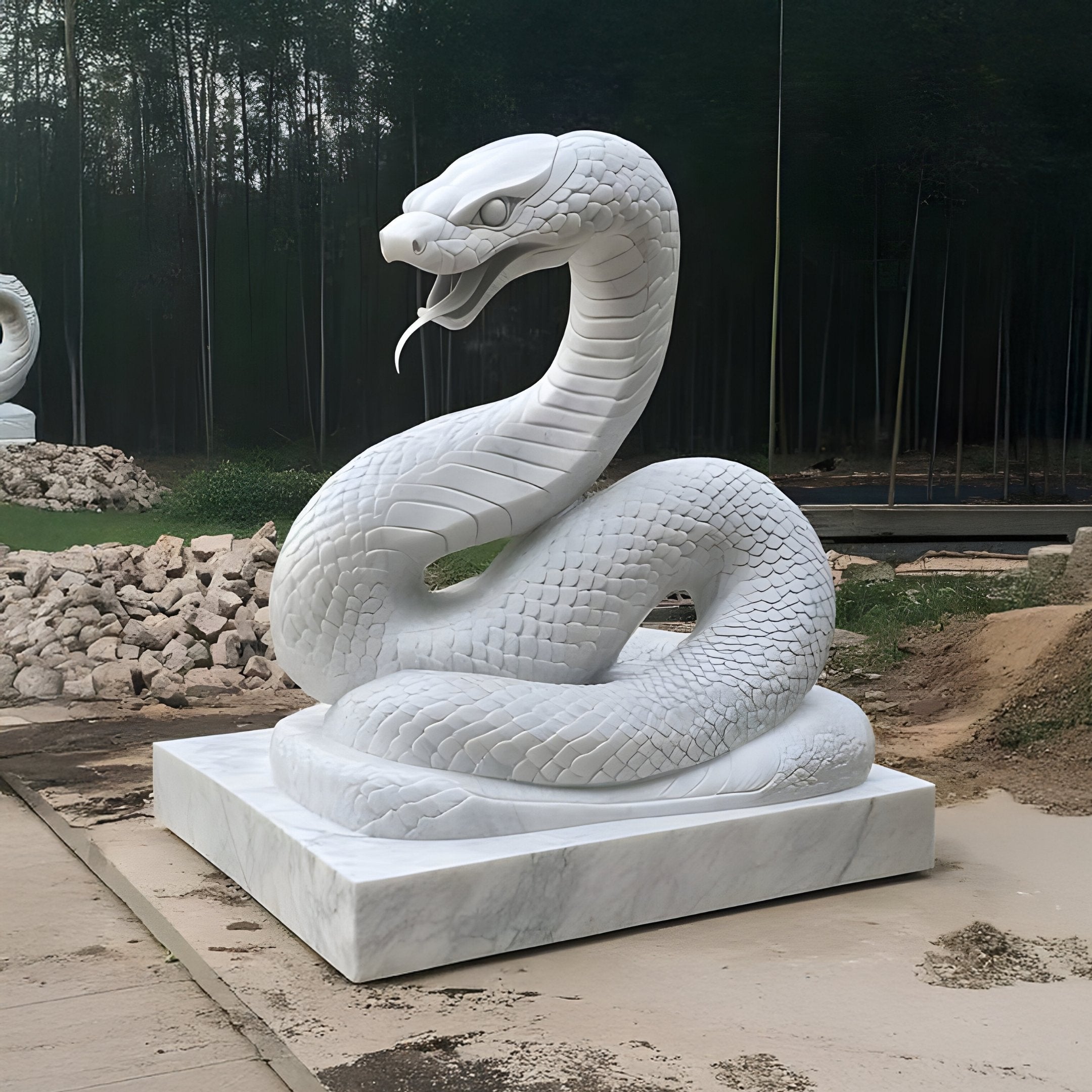 The Towering Snake White Marble Outdoor Sculpture by Giant Sculptures, standing at 120cm, depicts a coiled snake with an open mouth and fangs, set outdoors near rocks and a bamboo grove.