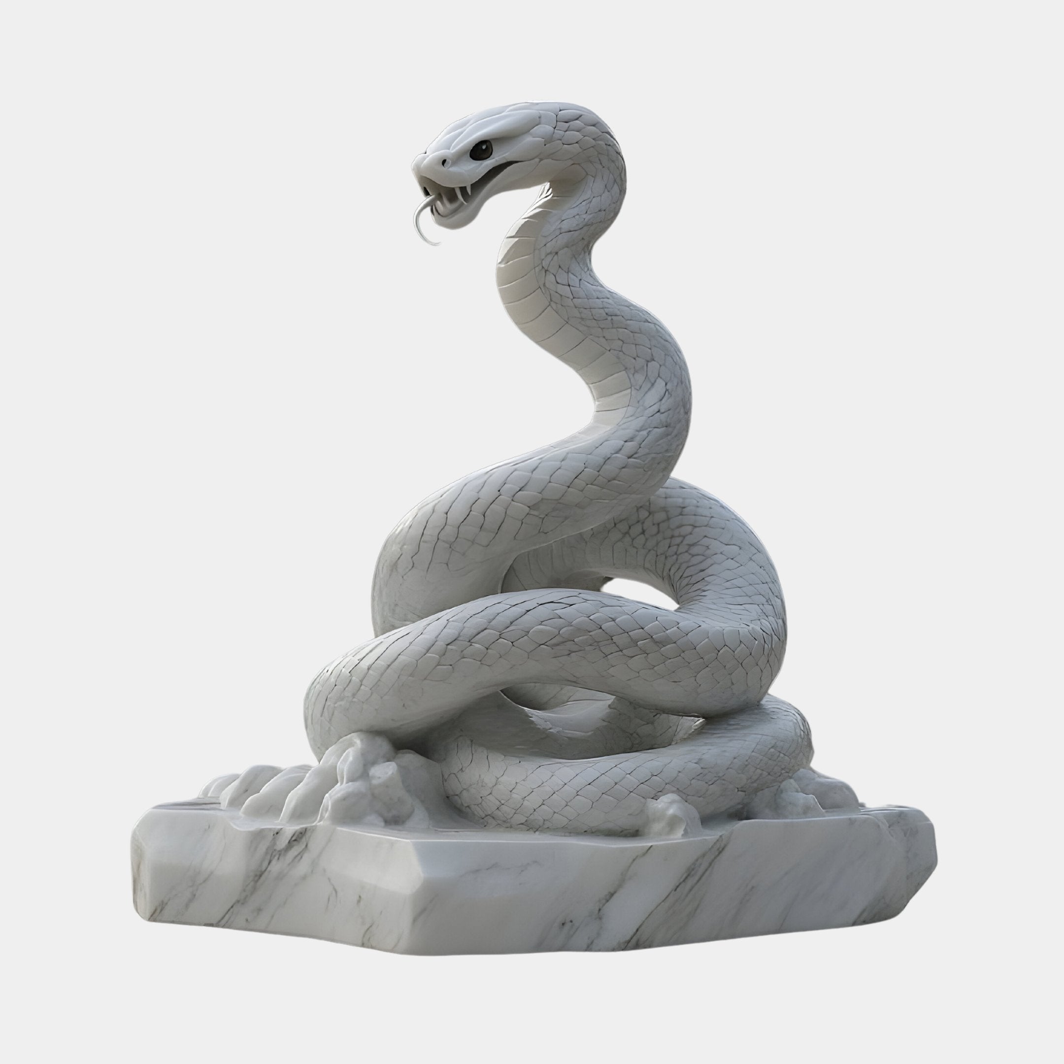 The Giant Sculptures 160cm Giant Coiled Snake White Marble Outdoor Sculpture features a hand-carved snake with intricate scales, an open mouth displaying fangs and a protruding tongue atop a textured stone base, enhancing its lifelike appearance.