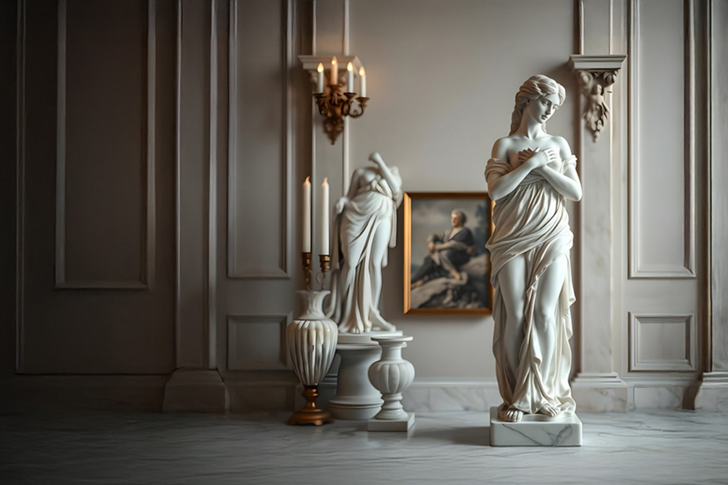 A marble statue of a woman stands in a dimly lit room with ornate paneling. To the left, a smaller statue and a painting adorn the wall. Soft lighting highlights the graceful features of the sculptures.