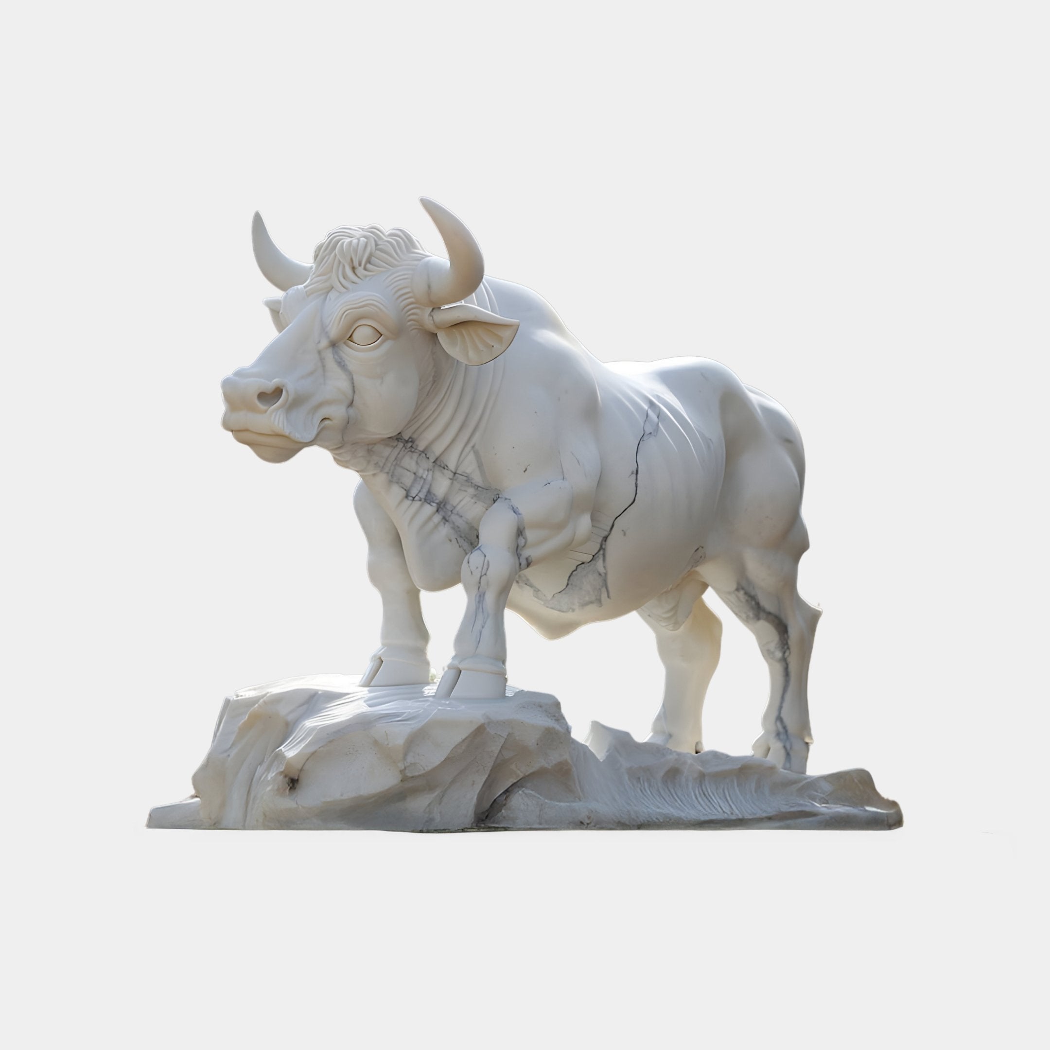 The Stoic Bull White Marble Outdoor Sculpture by Giant Sculptures stands 120cm tall, featuring a powerful bull in a dynamic stance on a rocky base. Its realistic textures and subtle veining highlight the exceptional craftsmanship of this majestic outdoor piece.